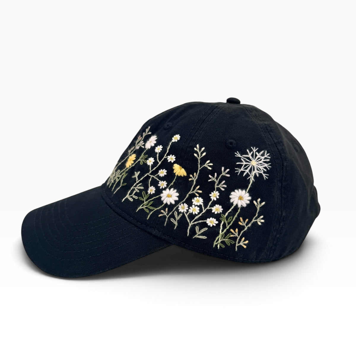 Wildflowers Field Hand Embroidered Black Hat