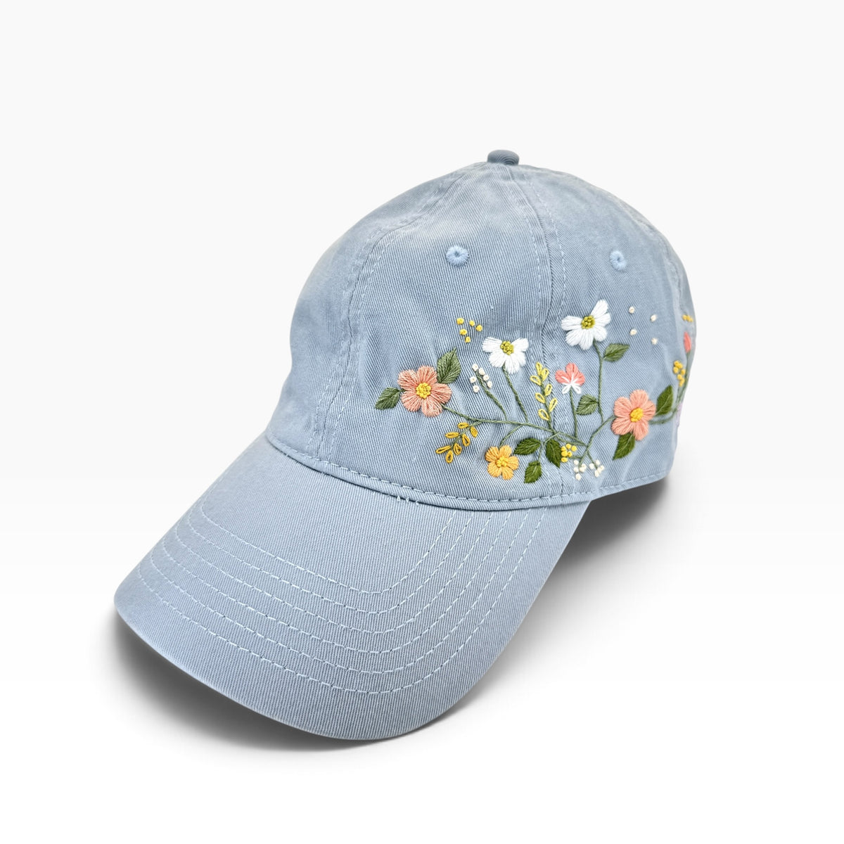 Wildflower Garden Embroidered Blue Grey Cap