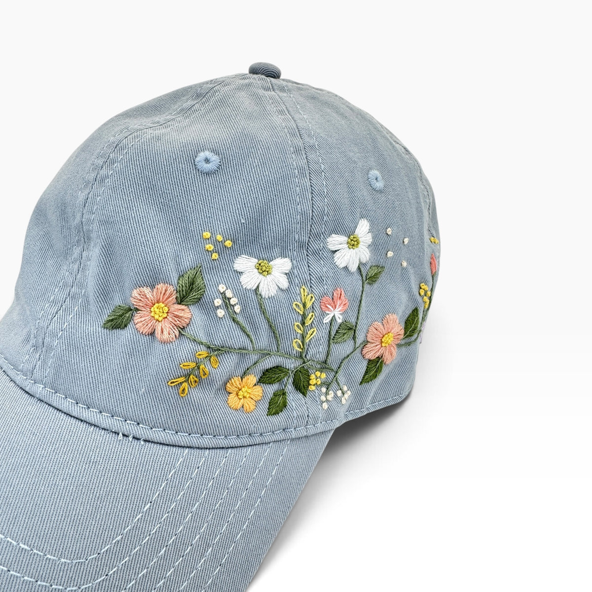Wildflower Garden Embroidered Blue Grey Cap