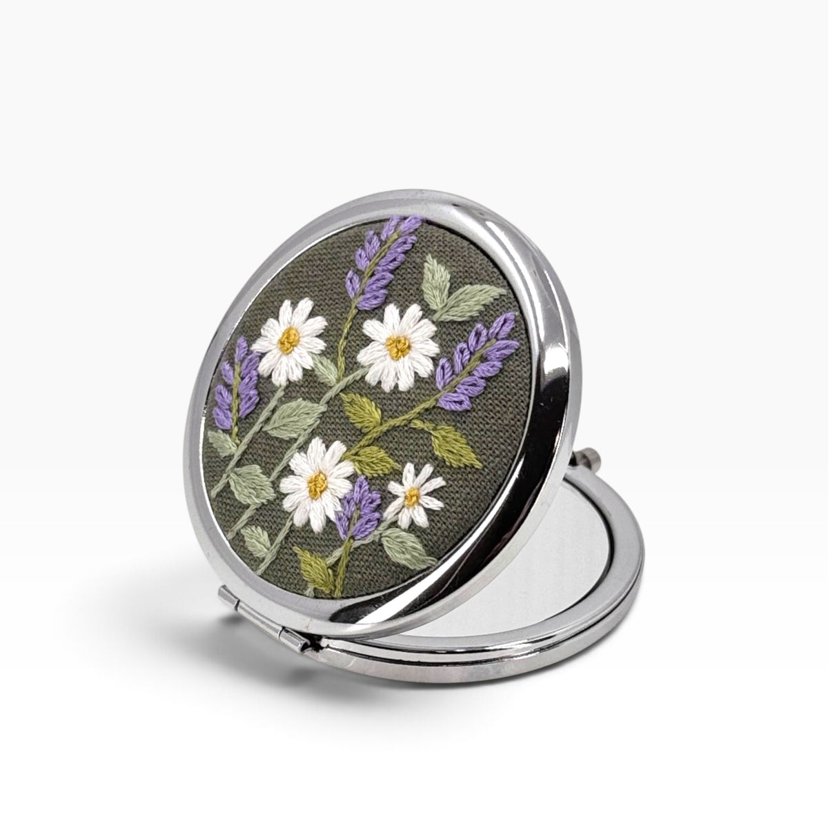 Lavender Daisy Olive Green Compact Pocket Mirror