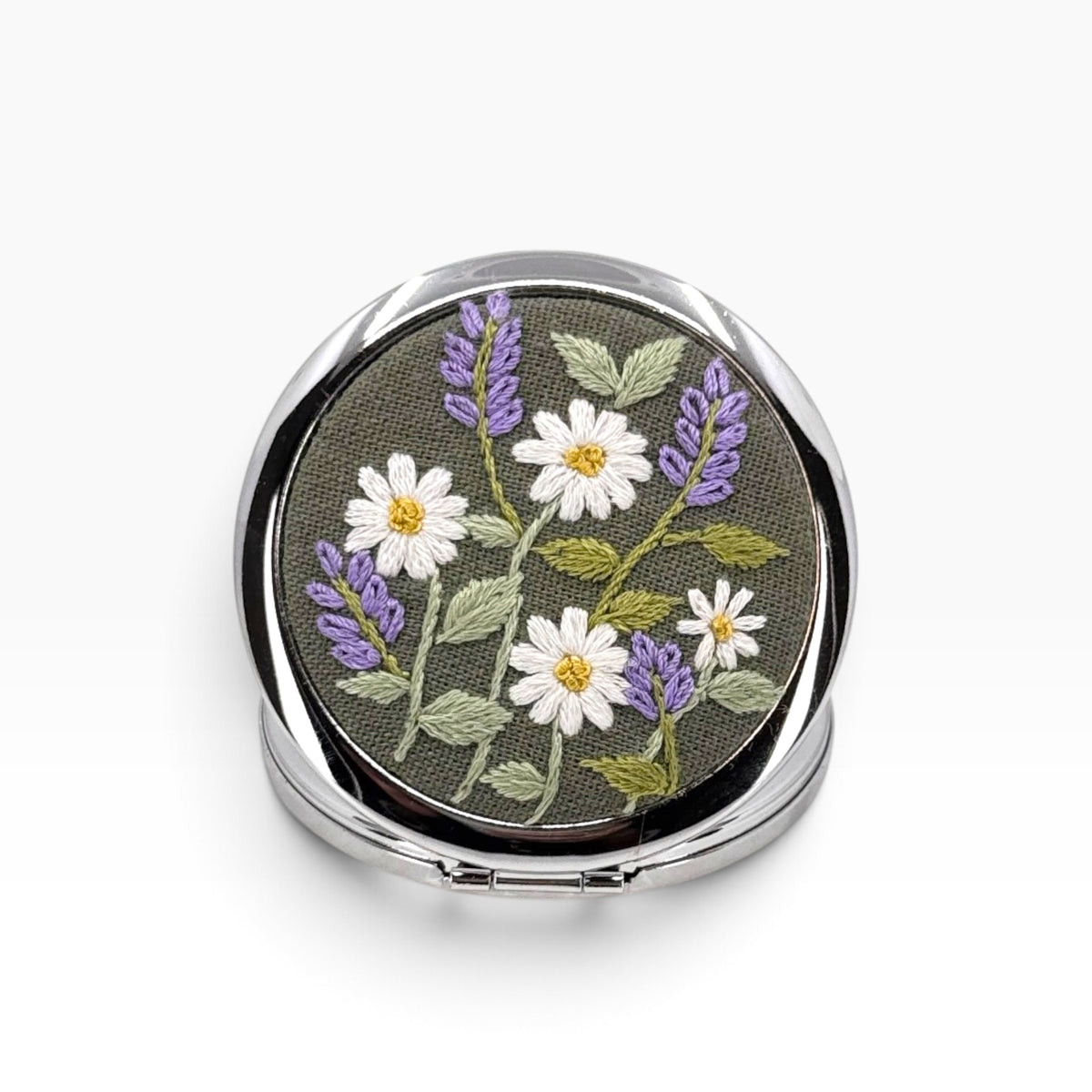 Lavender Daisy Olive Green Compact Pocket Mirror