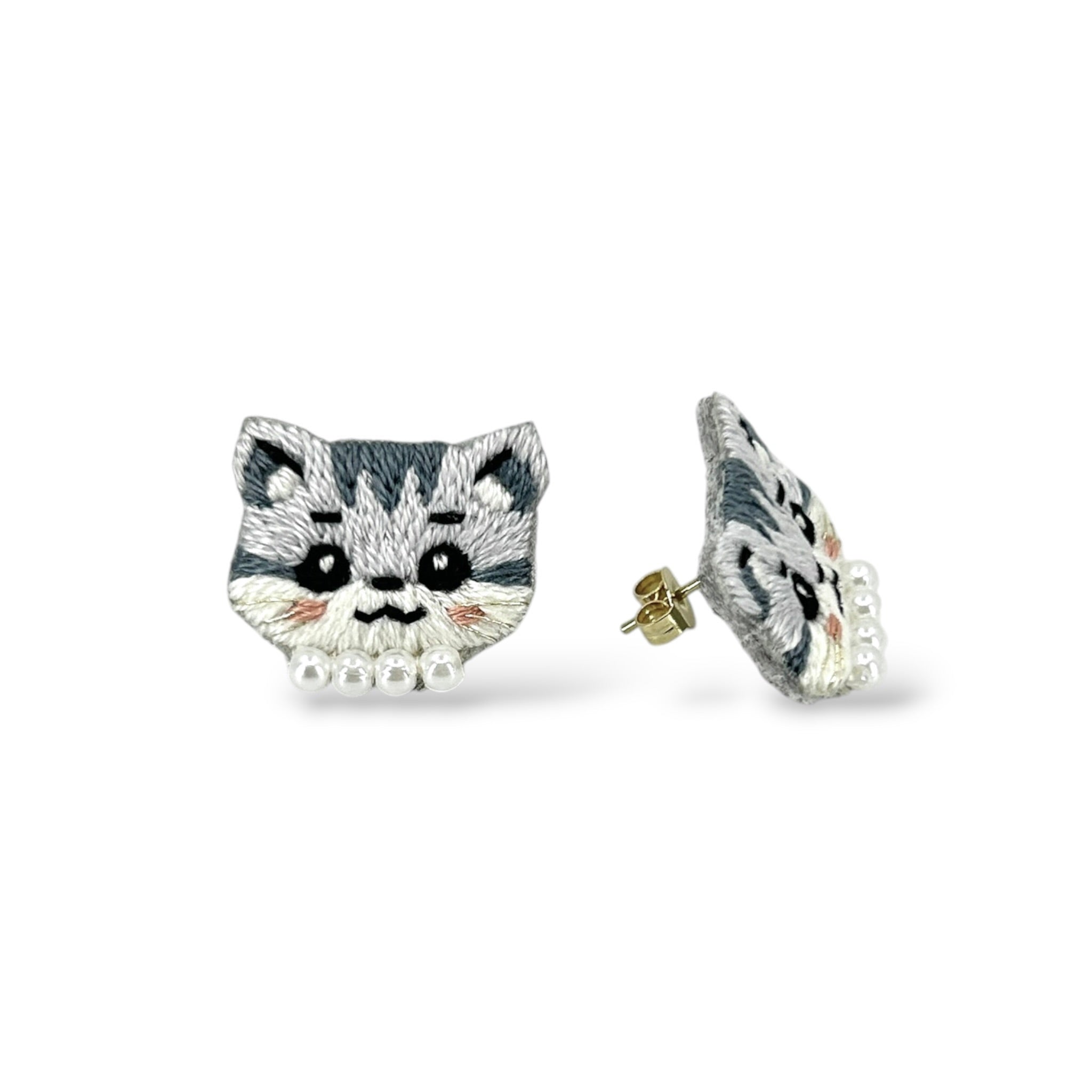 Grey Tabby Cat Hand Embroidered Earrings
