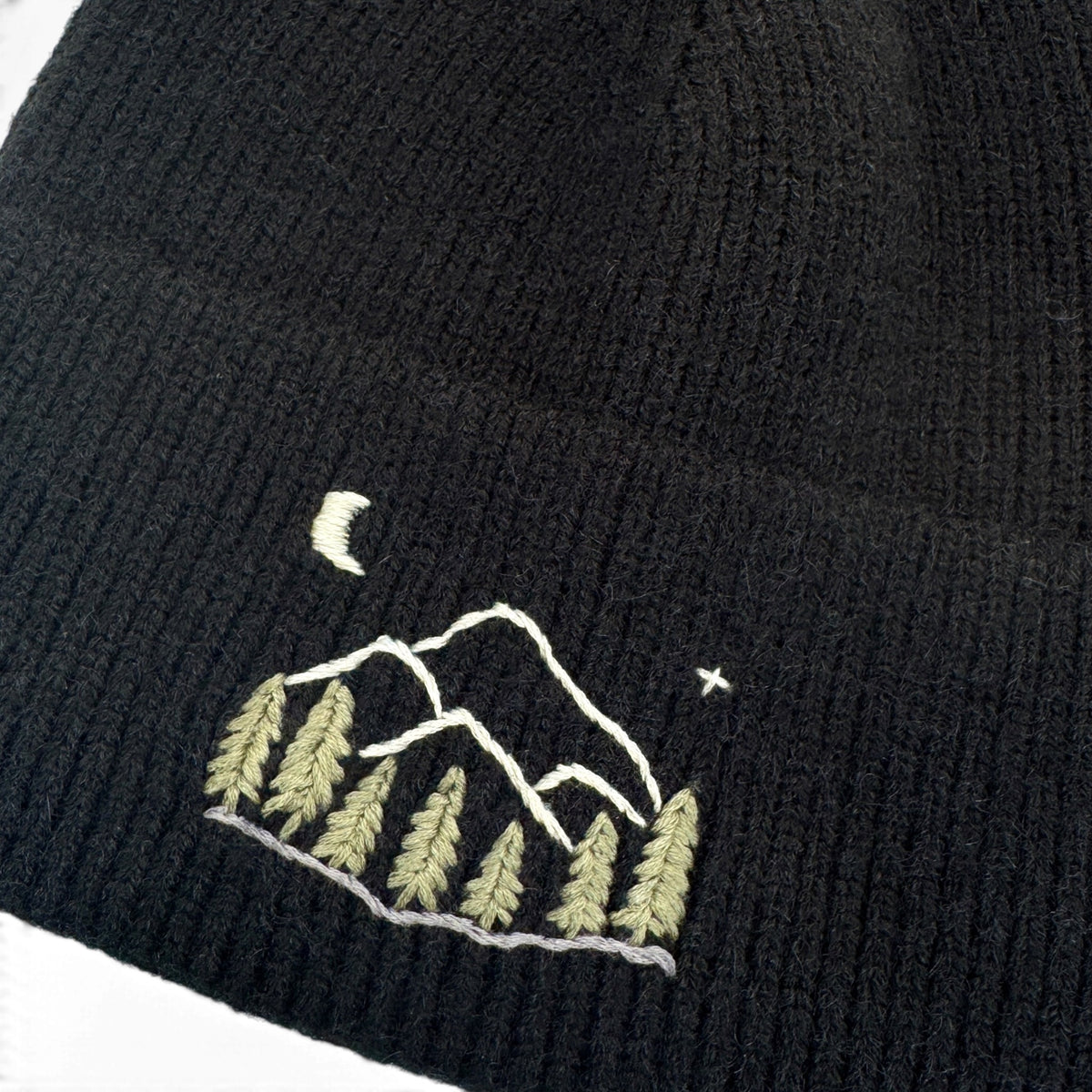 Mountains Star Black Embroidered Beanie