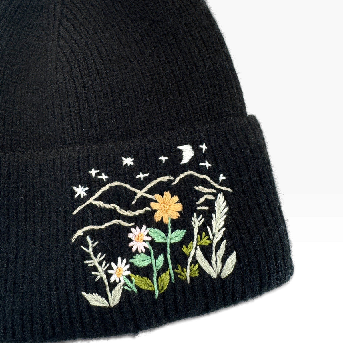 Midnight Wildflowers Black Embroidered Beanie