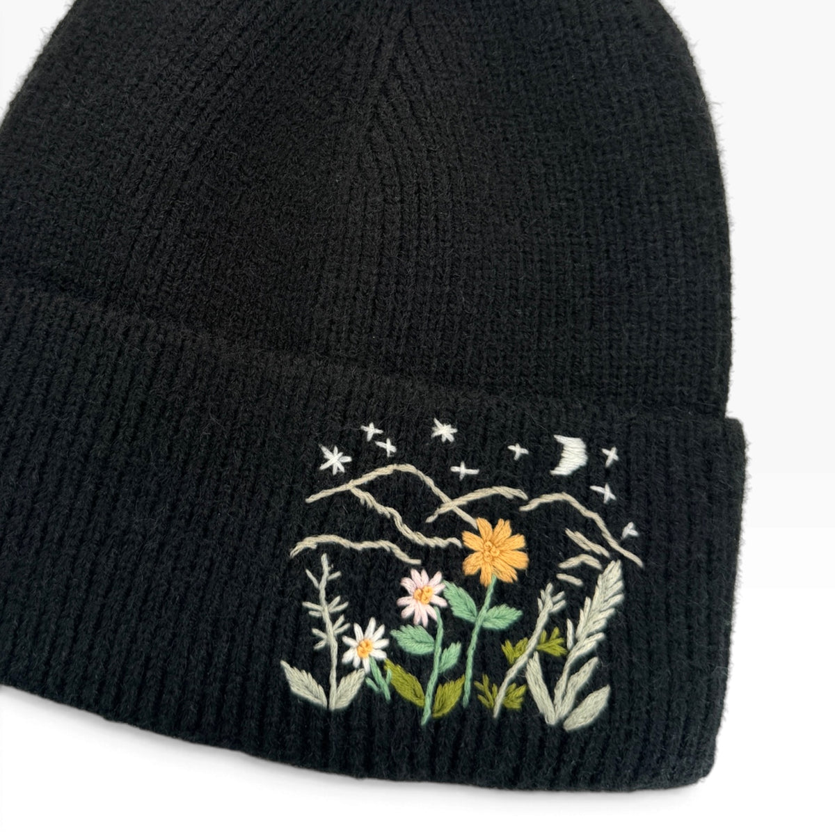 Midnight Wildflowers Black Embroidered Beanie