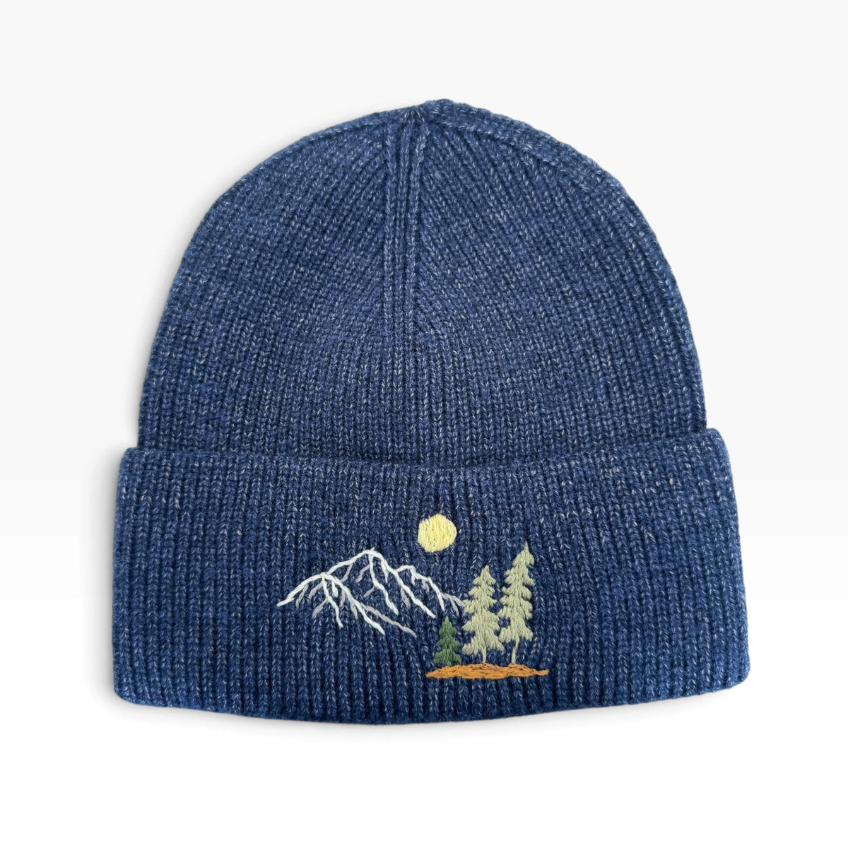 Mountains Tree Navy Embroidered Beanie