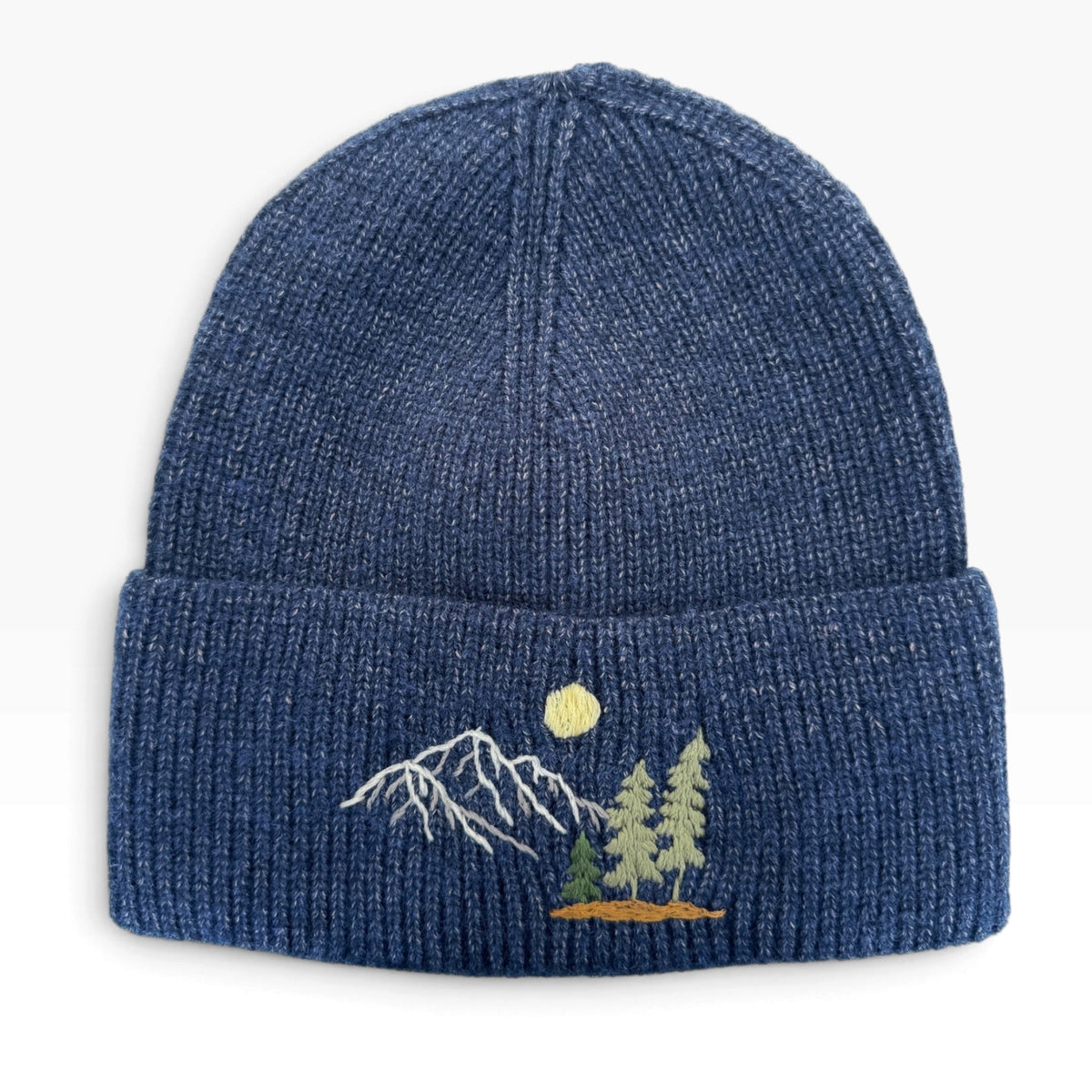 Mountains Tree Navy Embroidered Beanie