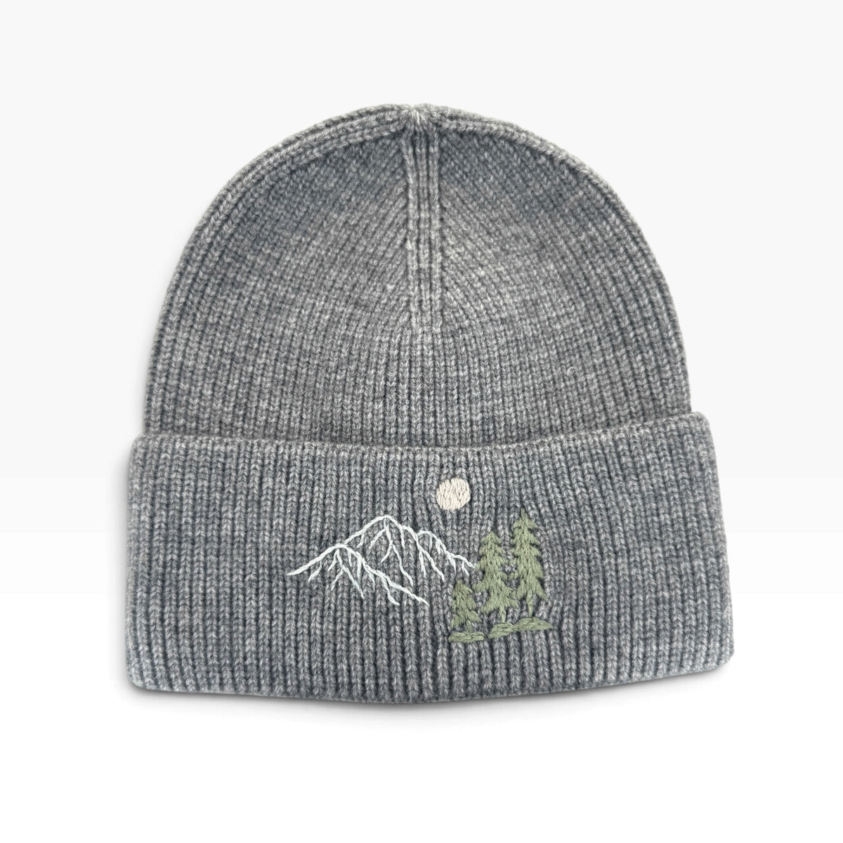 Mountains Moon Embroidered Grey Beanie