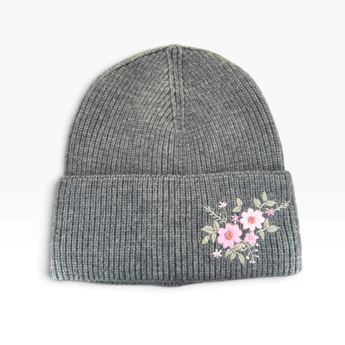 Pink Bloom Embroidered Grey Beanie