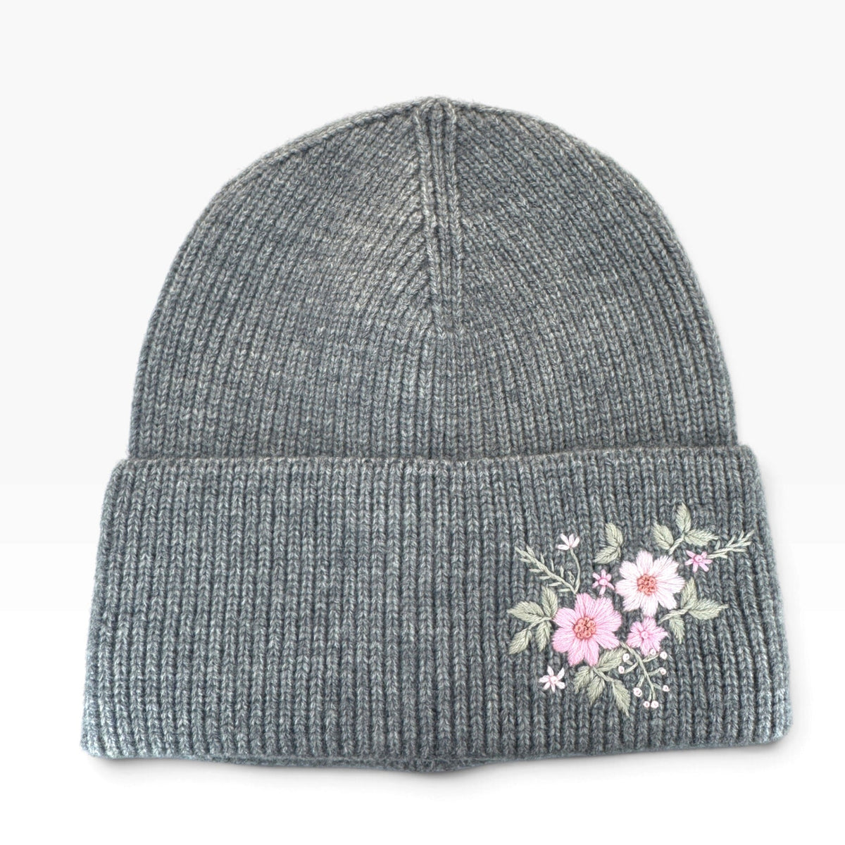 Pink Bloom Embroidered Grey Beanie