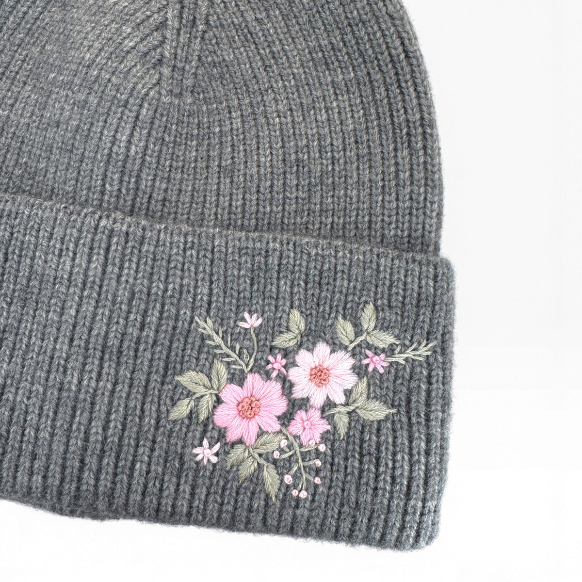 Pink Bloom Embroidered Grey Beanie