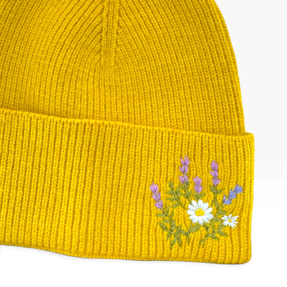 Lavender Daisy Embroidered Yellow Beanie