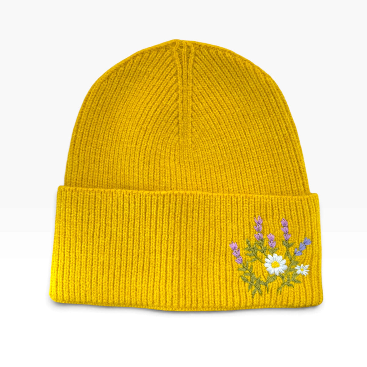 Lavender Daisy Embroidered Yellow Beanie