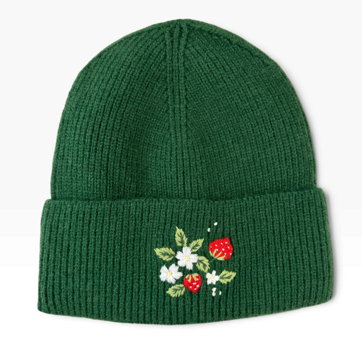 Strawberry Flowers Embroidered Green Beanie