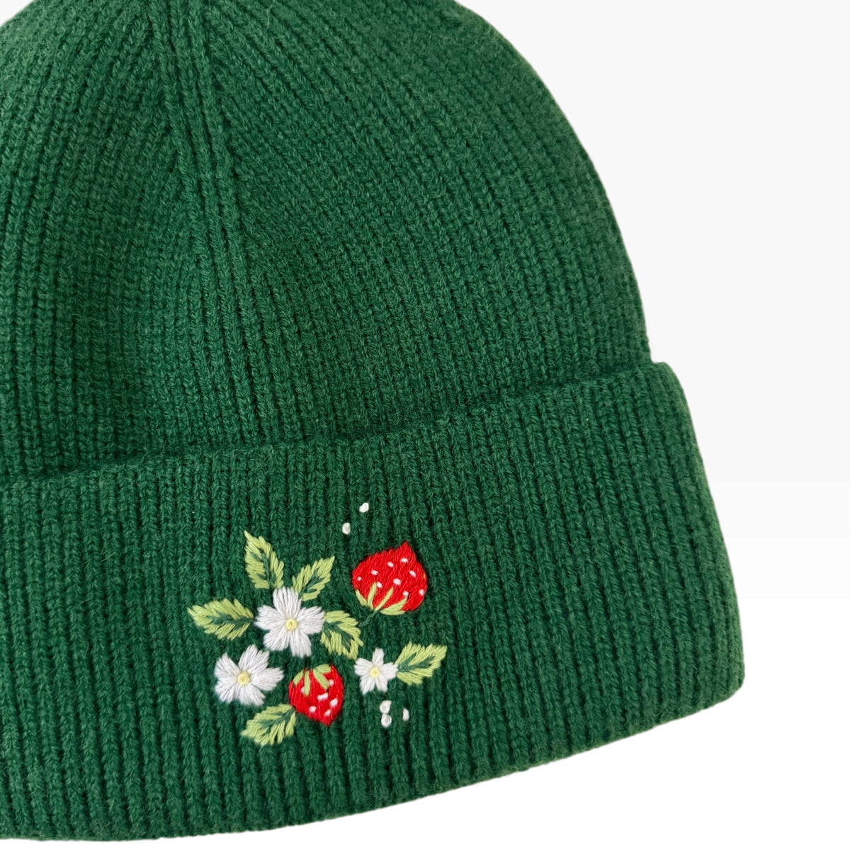 Strawberry Flowers Embroidered Green Beanie