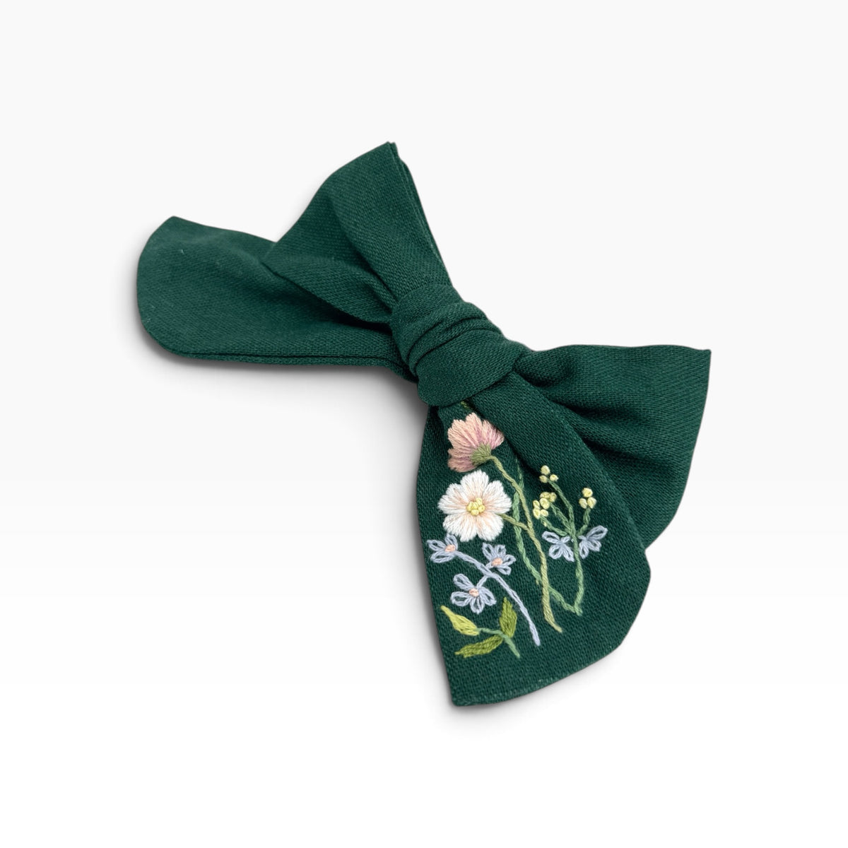 Forest Wildflower Hand-Embroidered Green Bow