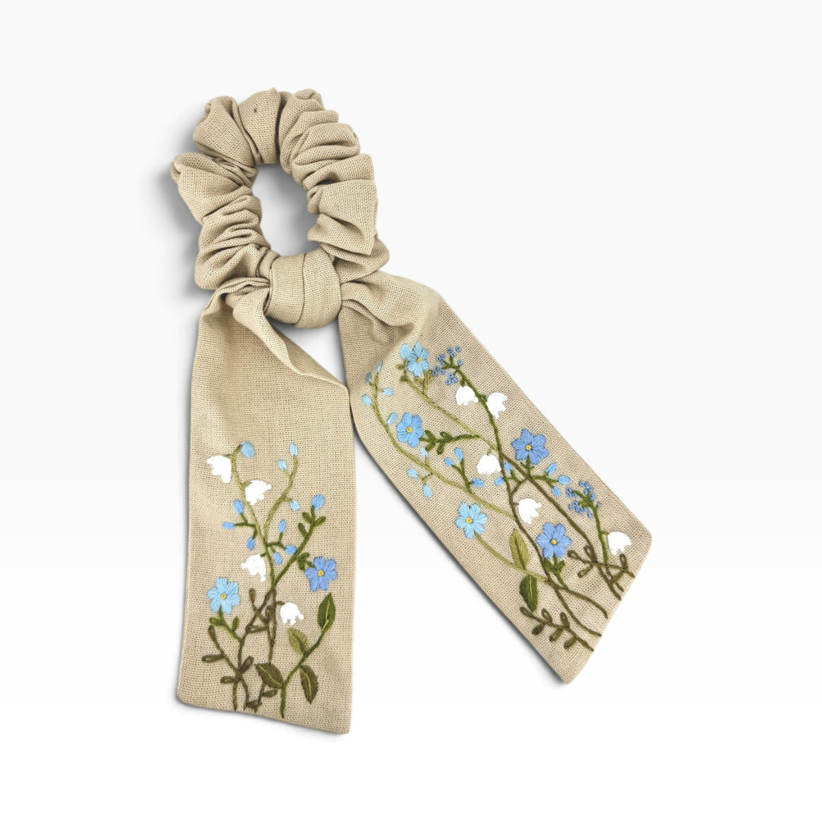 Bluebell Meadow Beige Embroidered Bow Scrunchies