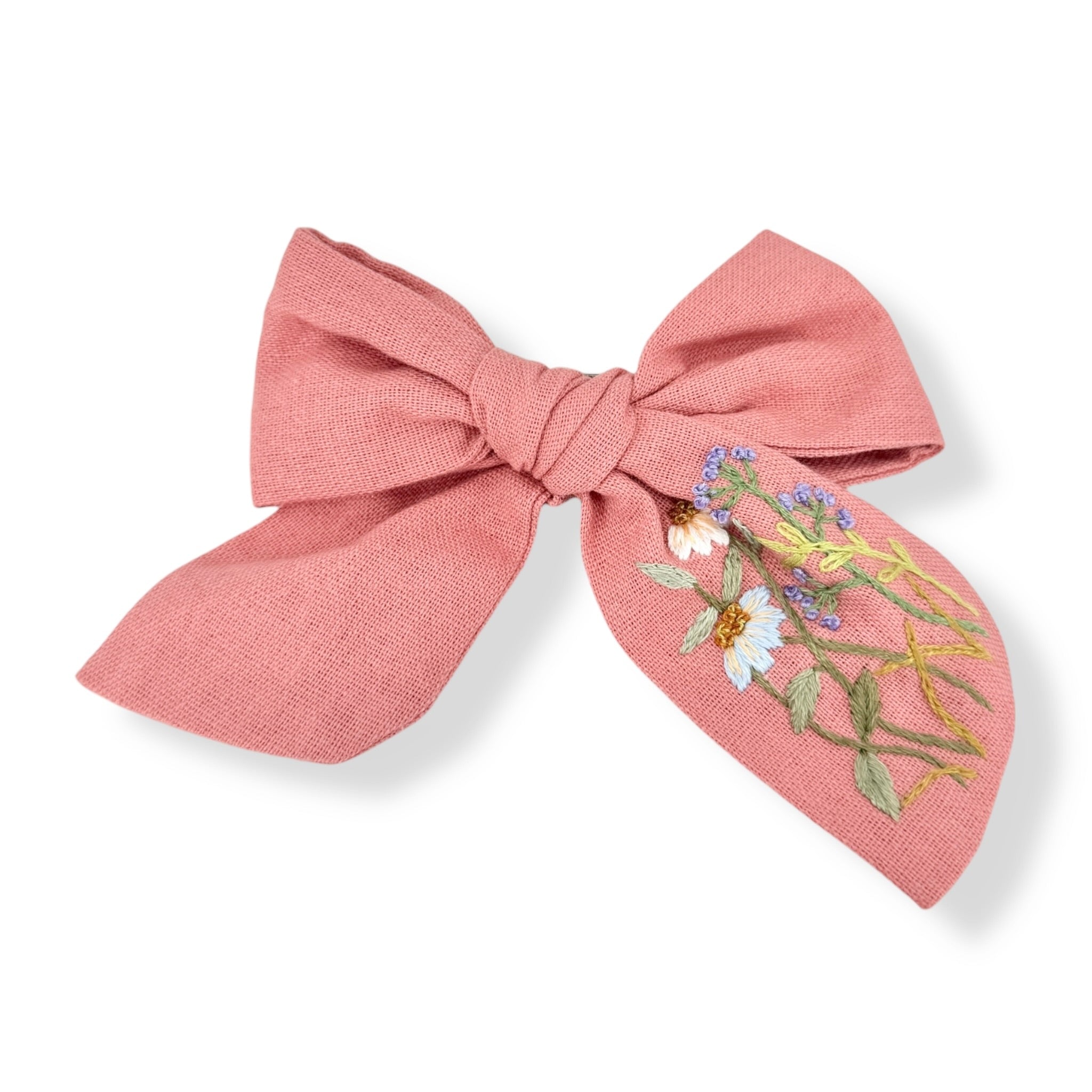 Rose Pink Hand Embroidered Hairbow