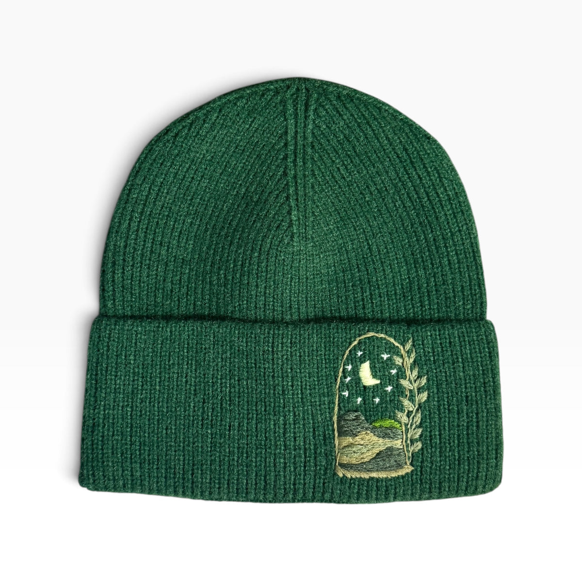 Moonlit Hills Embroidered Green Beanie