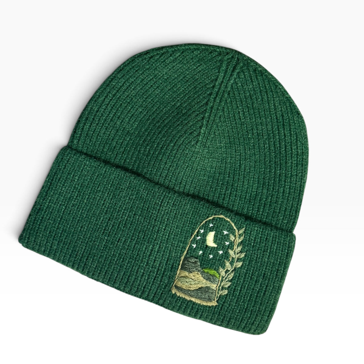 Moonlit Hills Embroidered Green Beanie