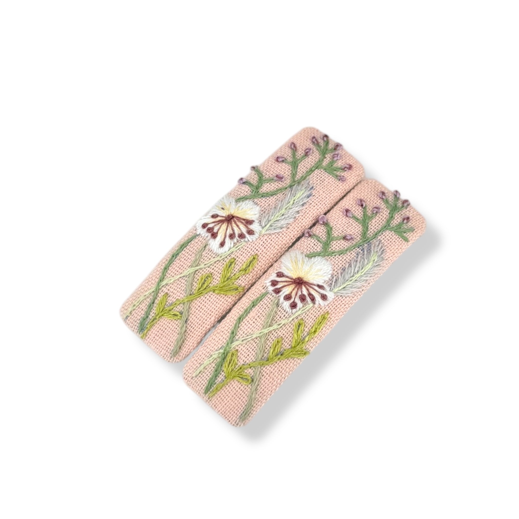 Pink Rustic Hand Embroidered Hair Clips