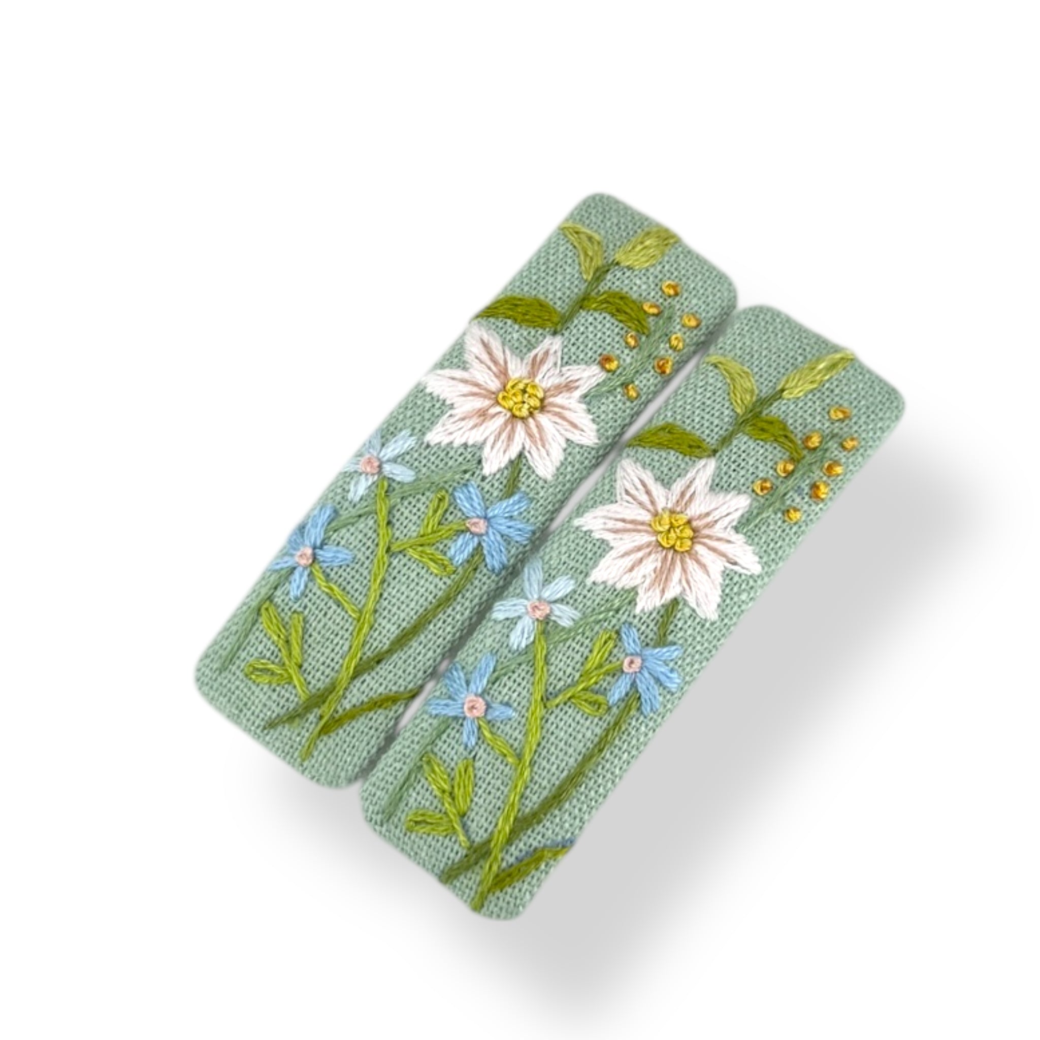 Pastel Matcha Floral Embroidered Hair Clips