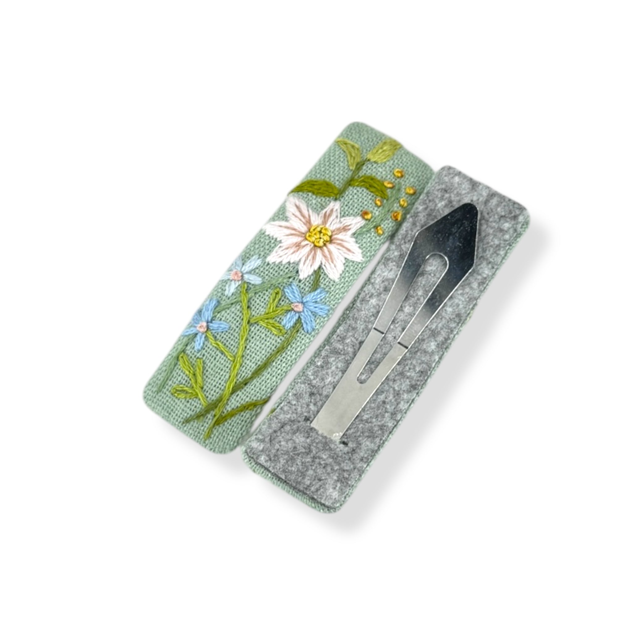 Pastel Matcha Floral Embroidered Hair Clips