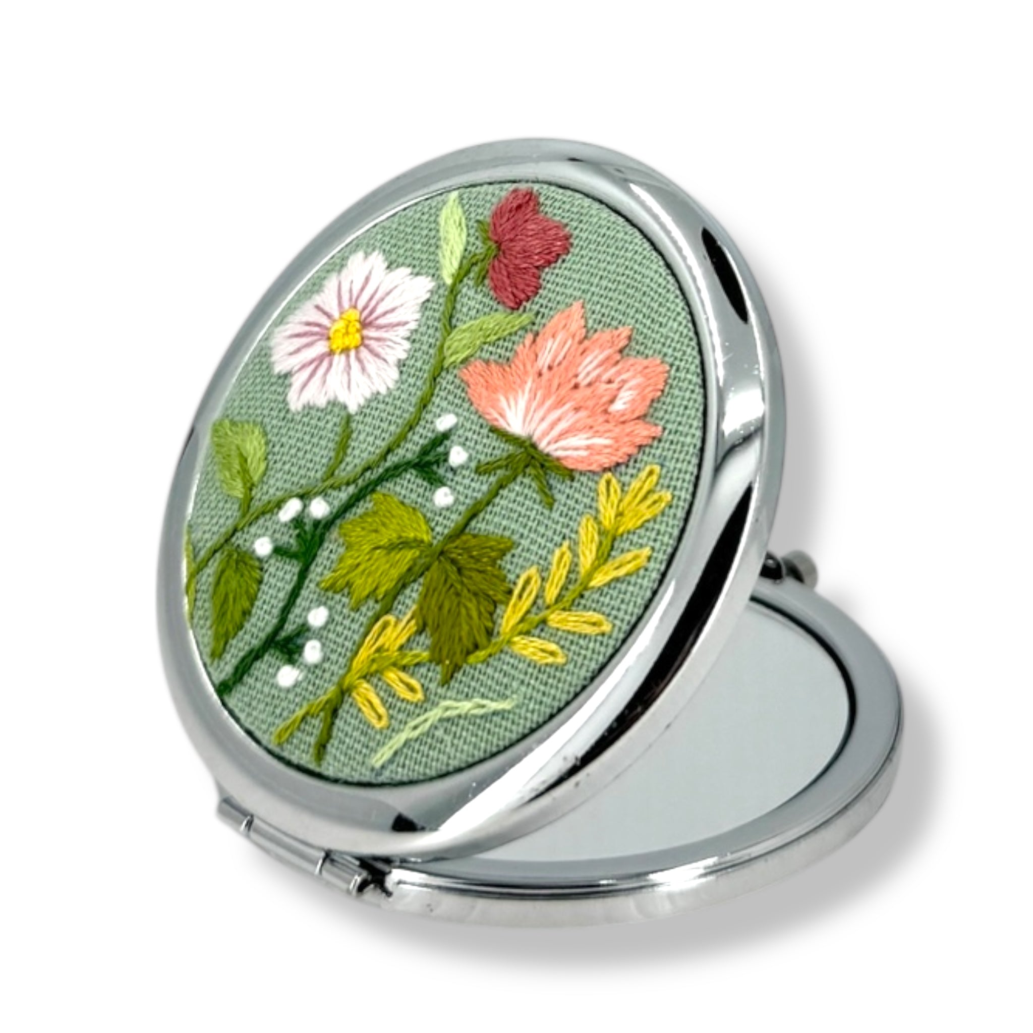 Pastel Matcha Embroidered Compact Mirror
