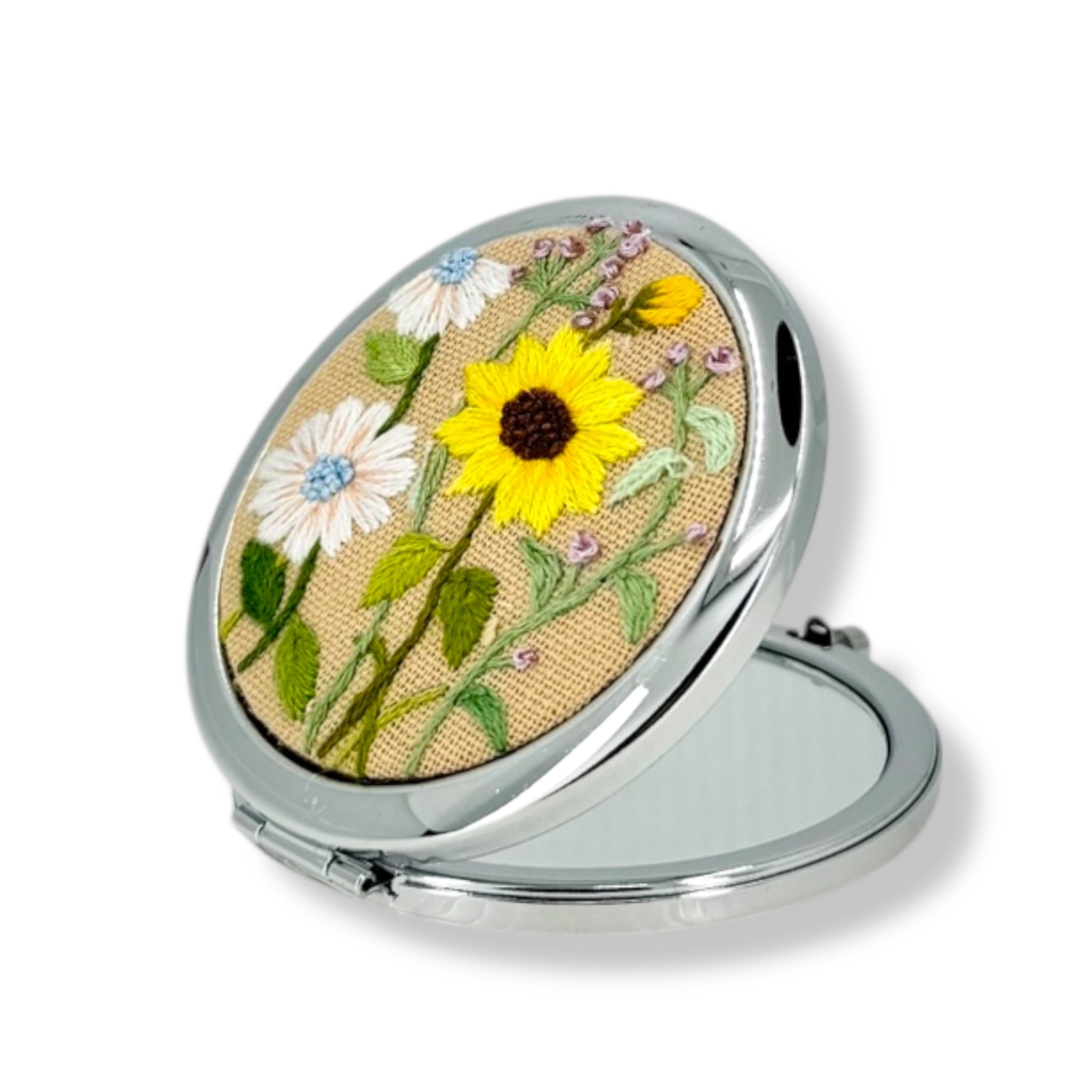 Sunflower Beige Embroidered Compact Mirror