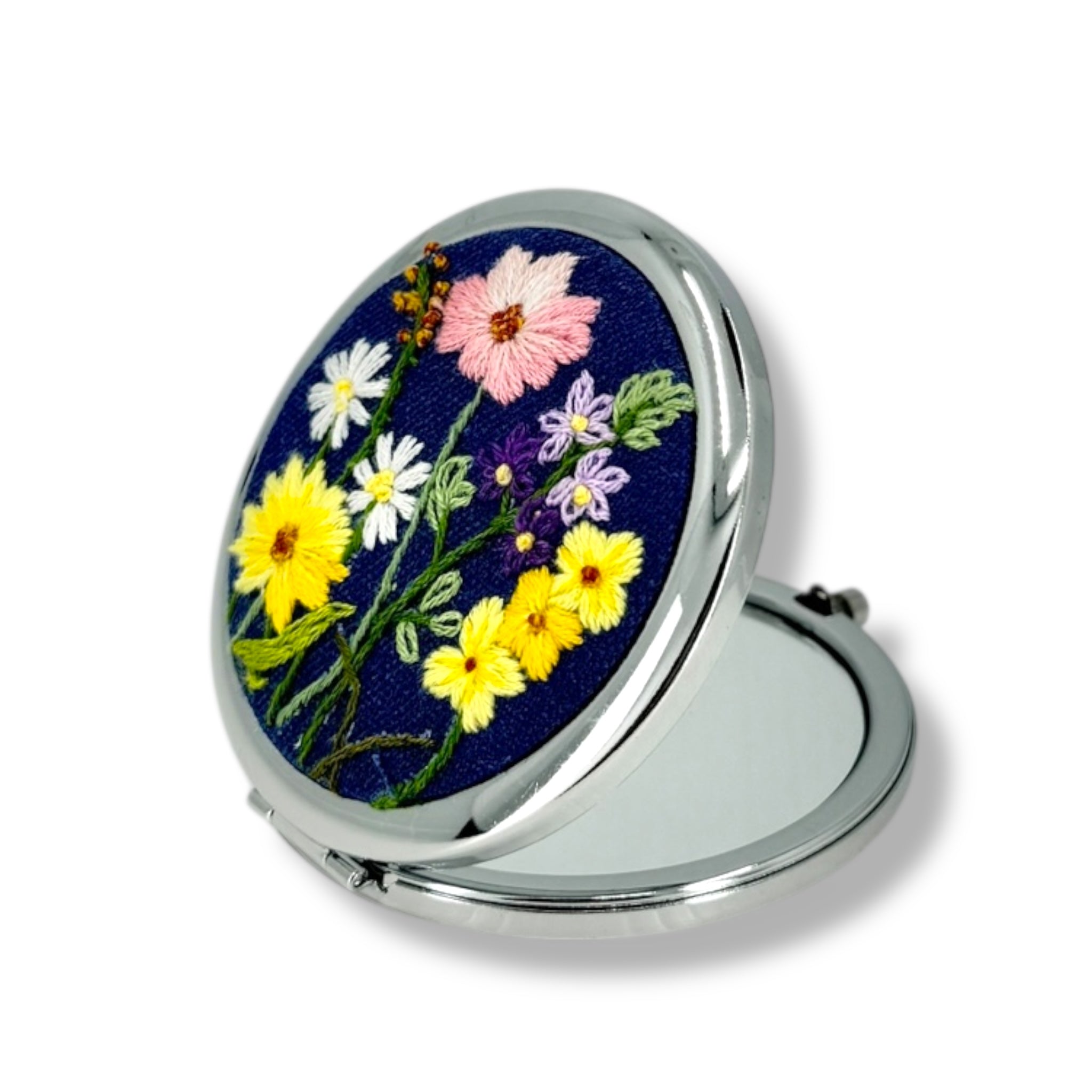 Blue Floral Embroidered Compact Mirror