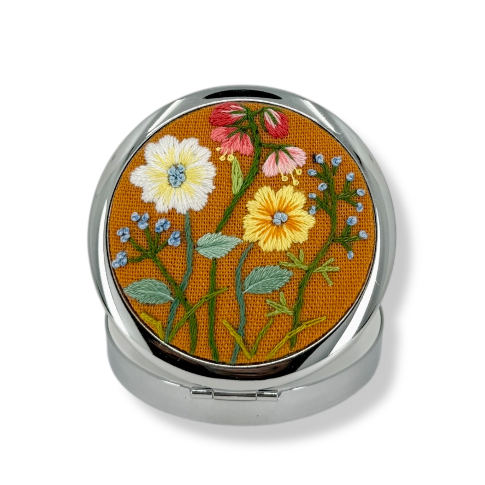 Orange Bloom Hand Embroidery Compact Container