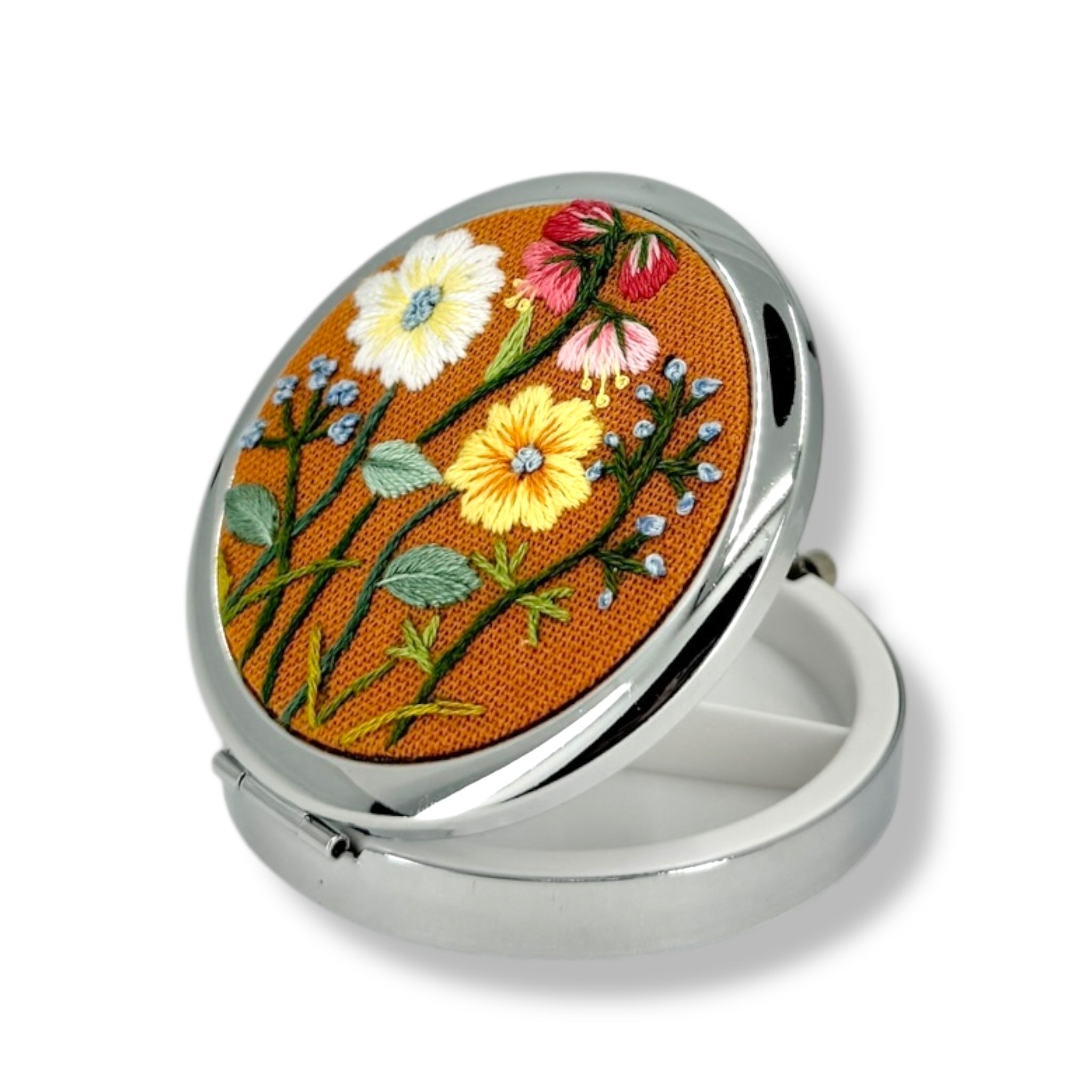 Orange Bloom Hand Embroidery Compact Container
