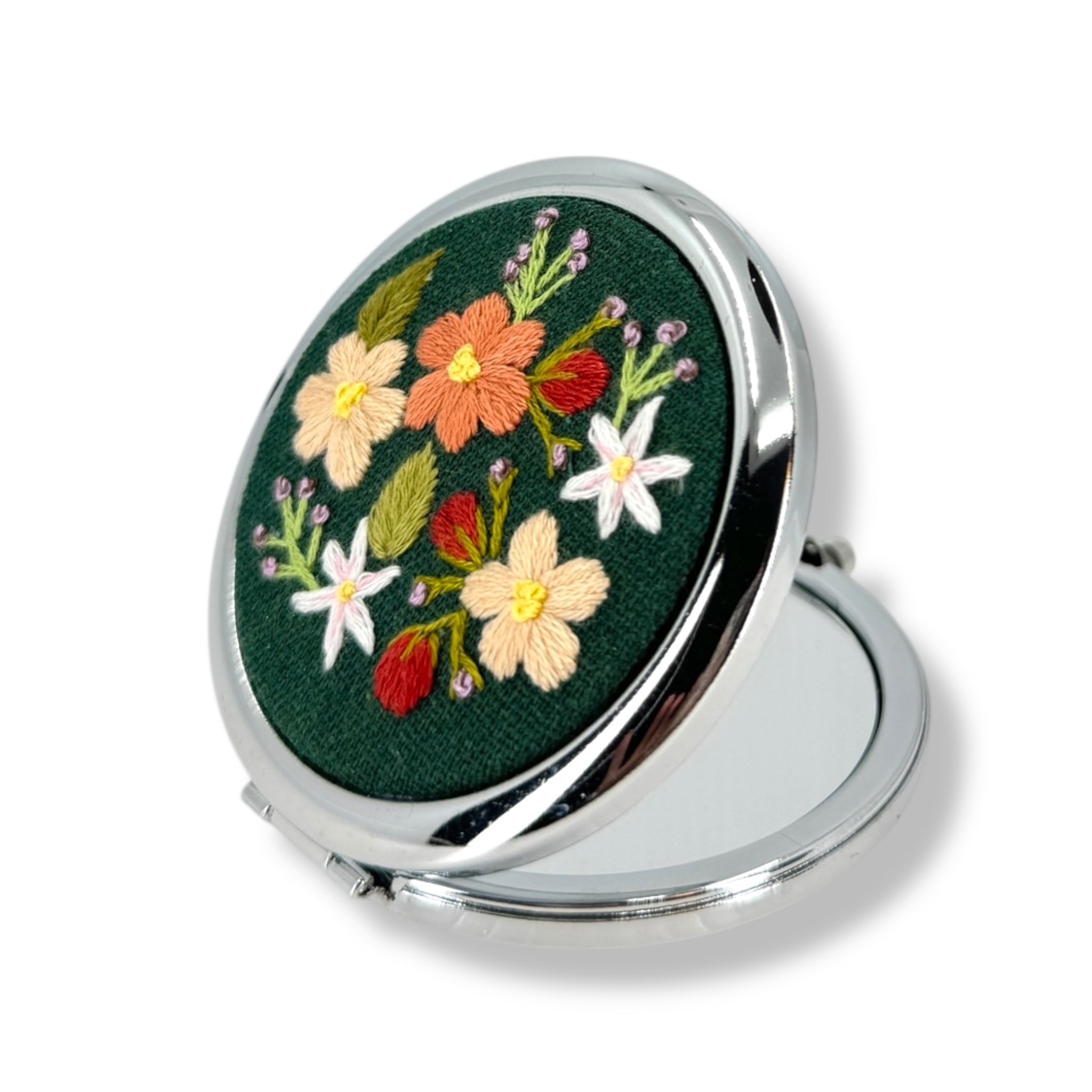 Emerald Bloom Hand Embroidery Compact Mirror