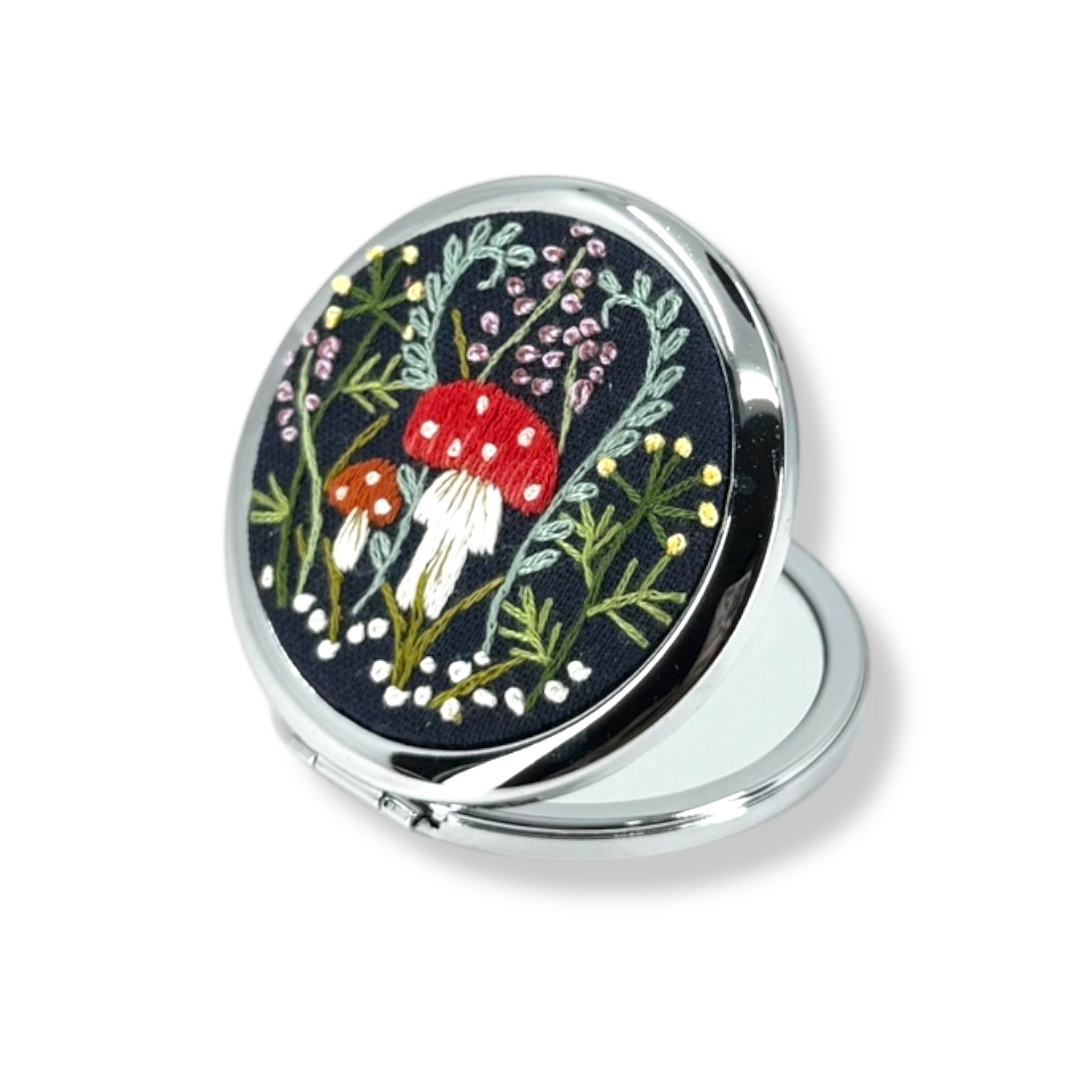 Mushroom Navy Embroidered Pocket Mirror