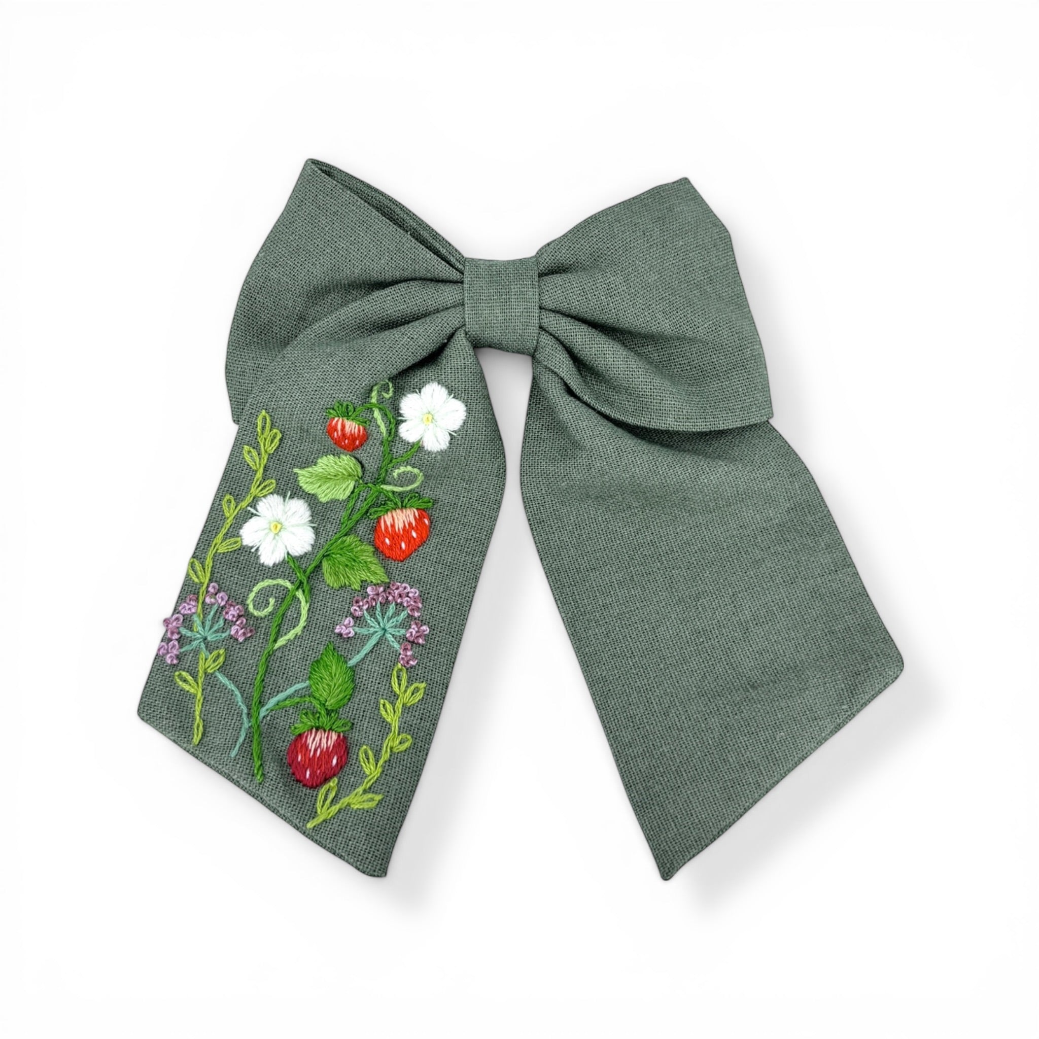 Sage Green Strawberry Embroidered Hairbow Barrette