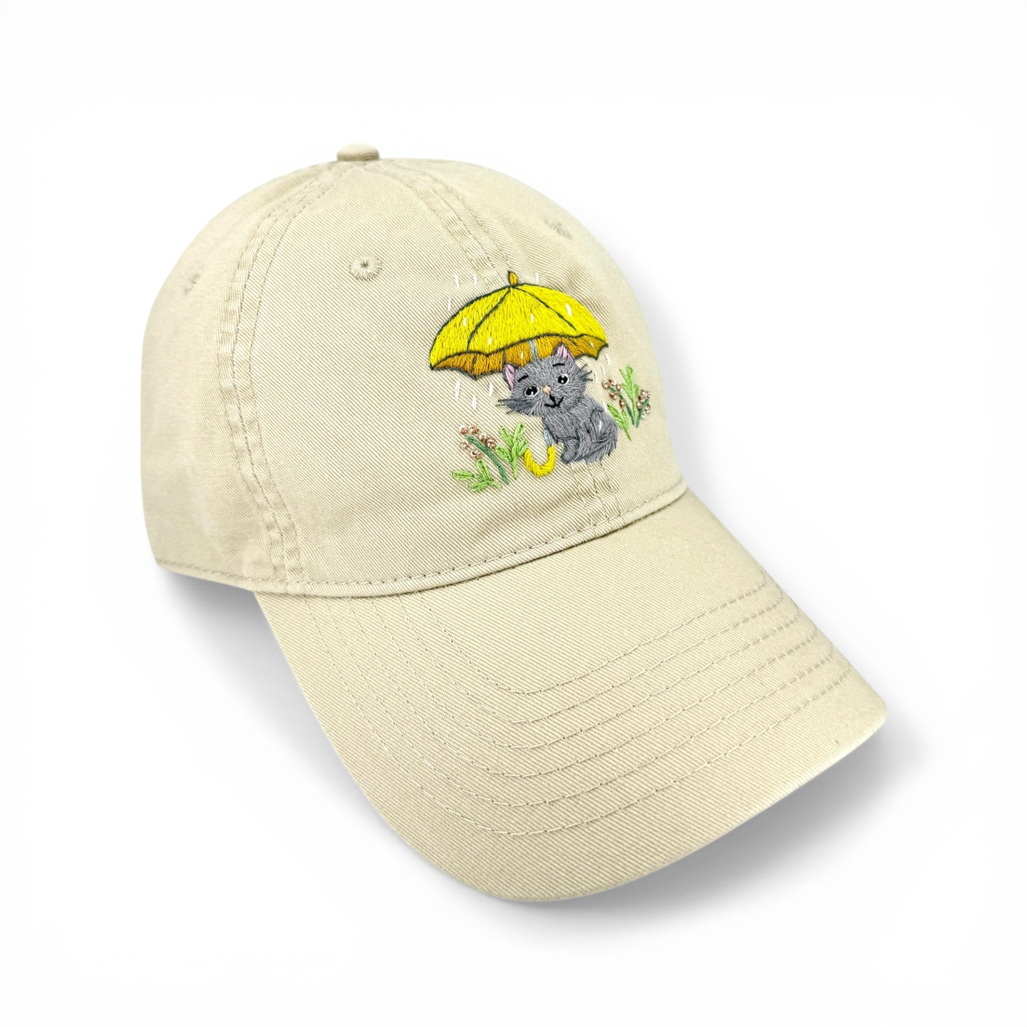 Cute Minimal Beige Cat Umbrella Embroidered Cotton Cap
