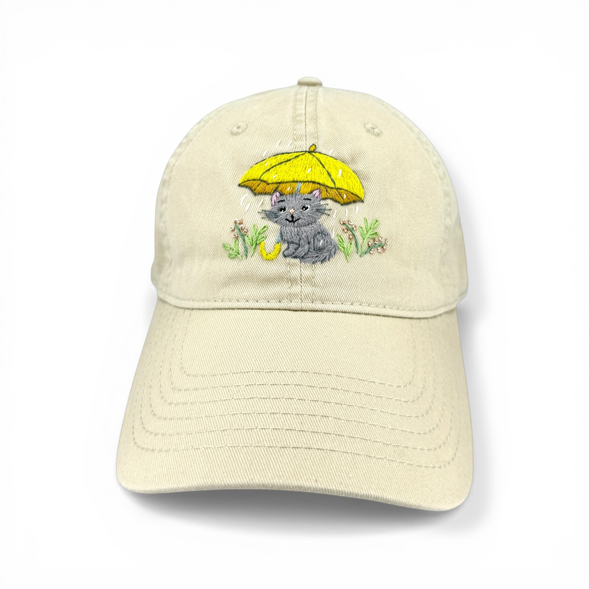 Cute Minimal Beige Cat Umbrella Embroidered Cotton Cap