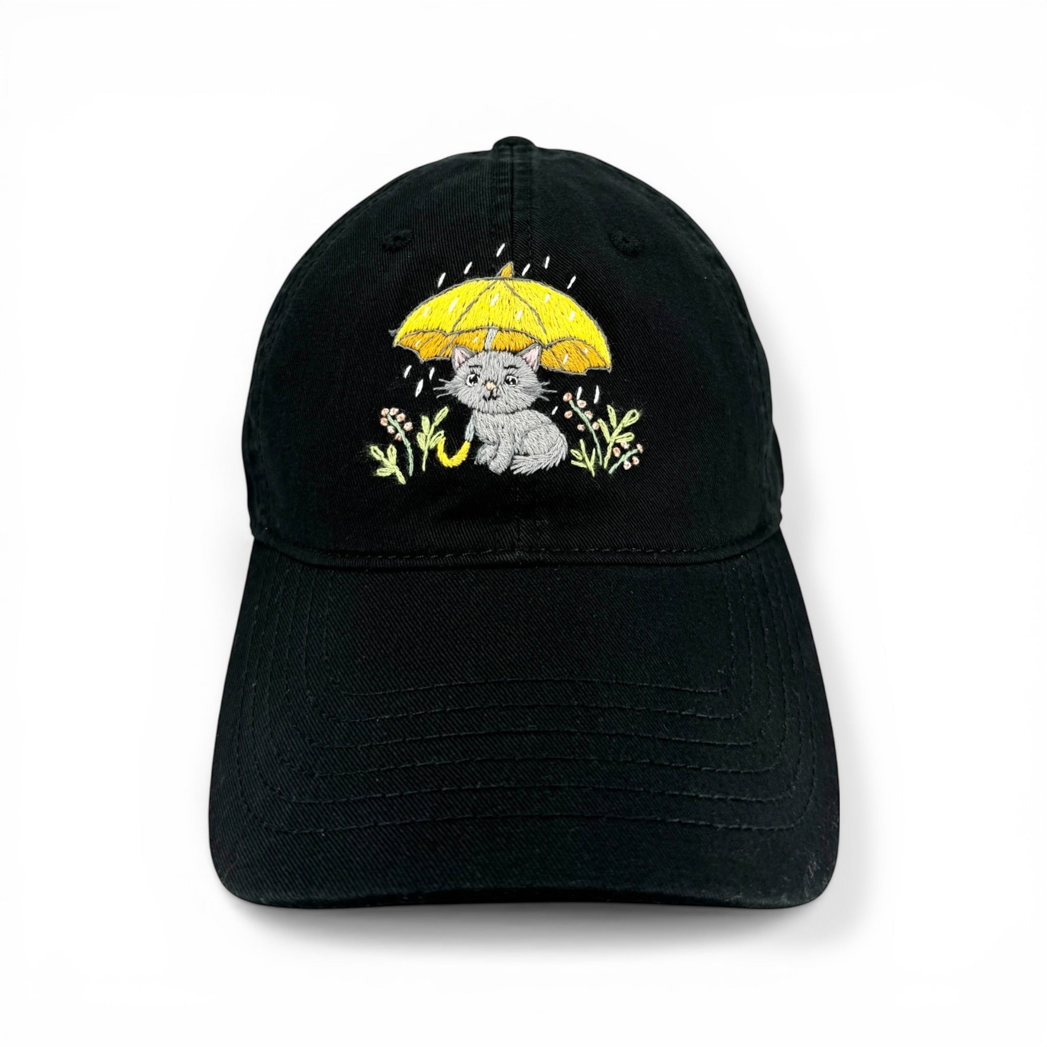 Cute Minimal Black Cat Umbrella Embroidered Cotton Cap