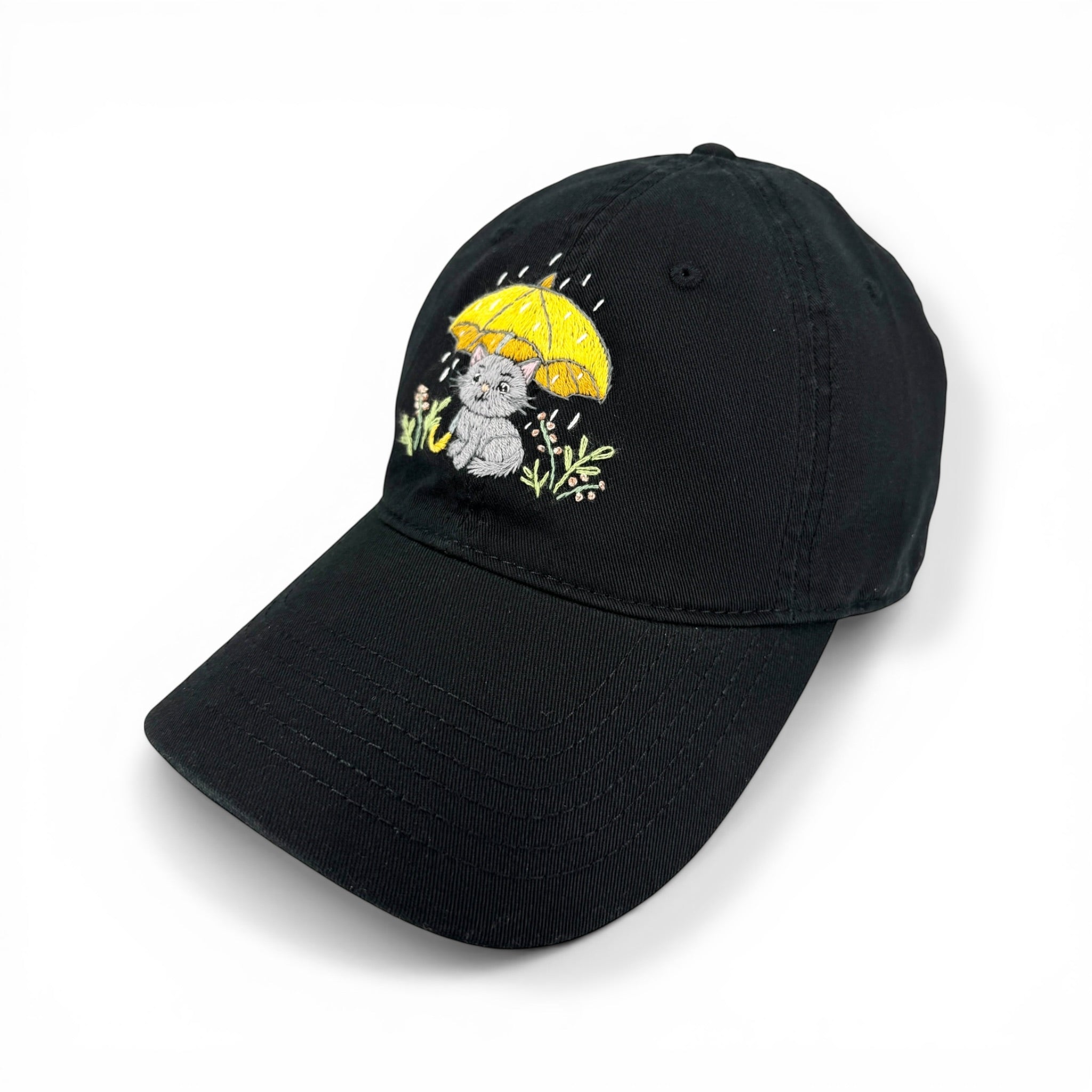 Cute Minimal Black Cat Umbrella Embroidered Cotton Cap