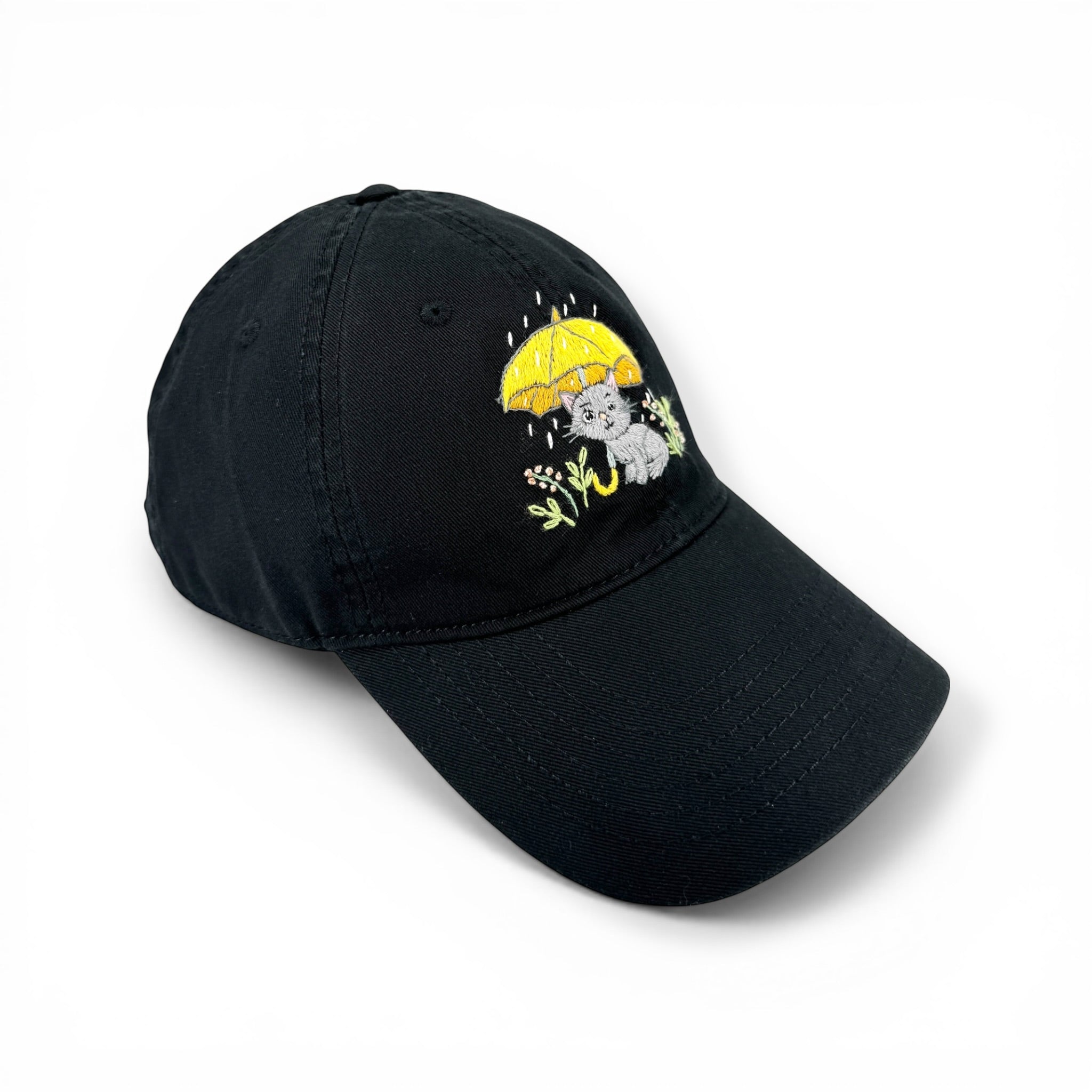 Cute Minimal Black Cat Umbrella Embroidered Cotton Cap
