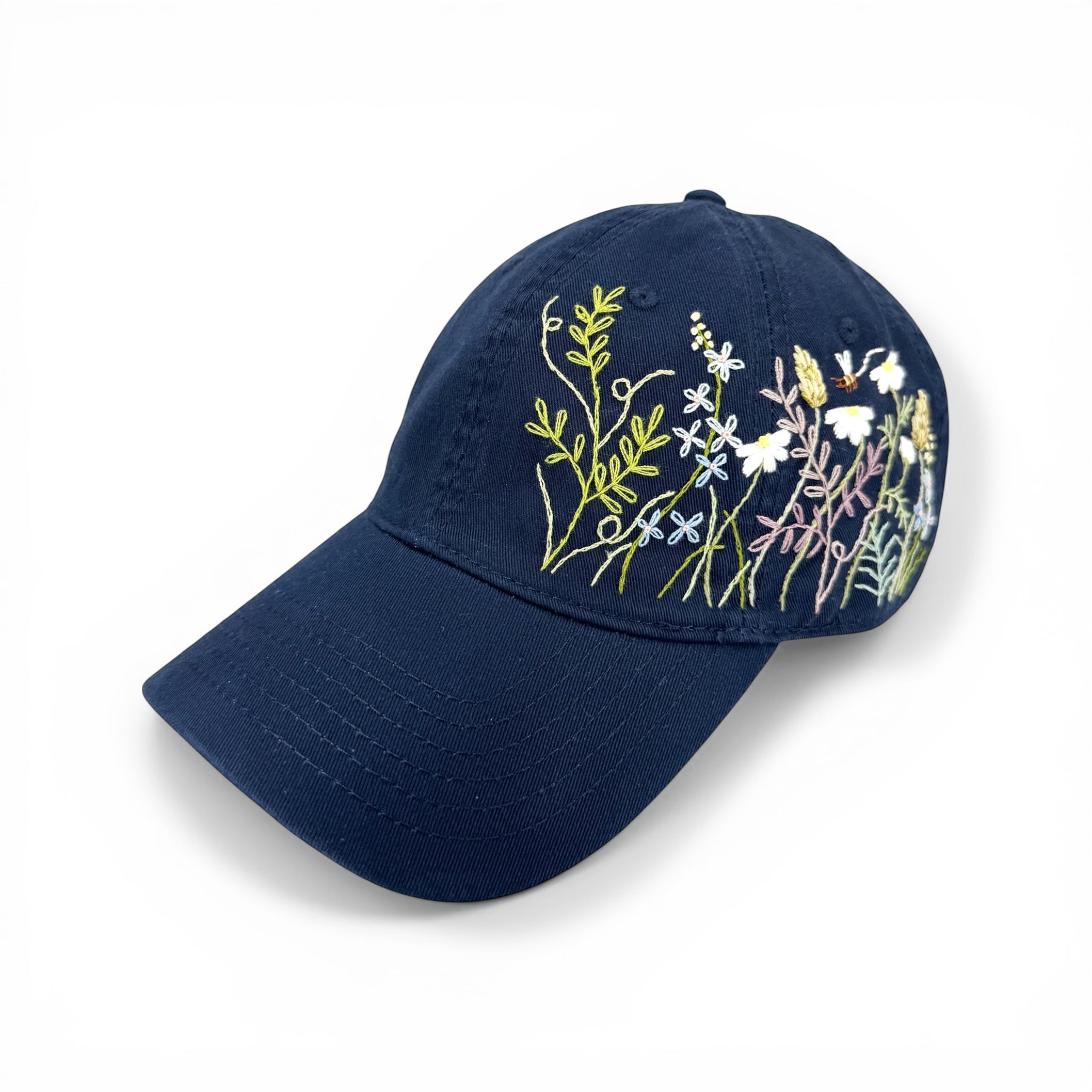 Wildflower Meadow Hand Embroidered Navy Hat
