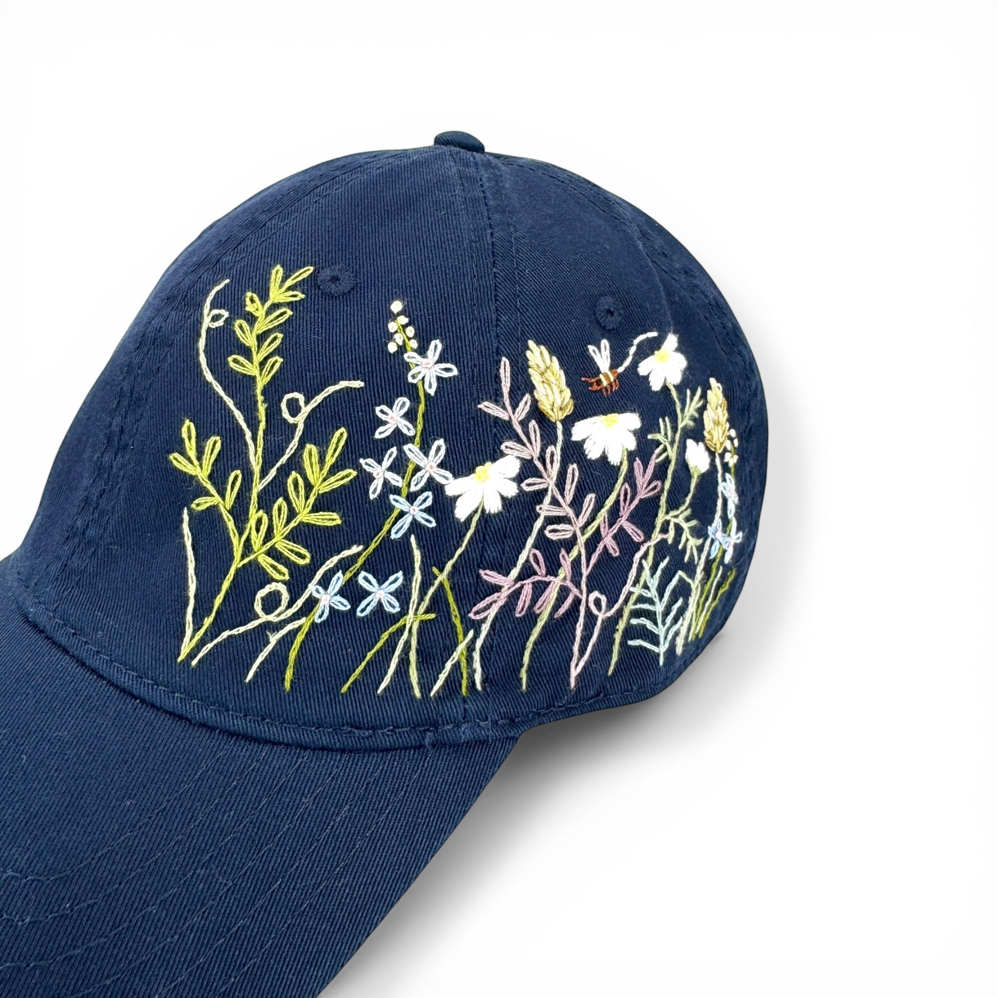 Wildflower Meadow Hand Embroidered Navy Hat