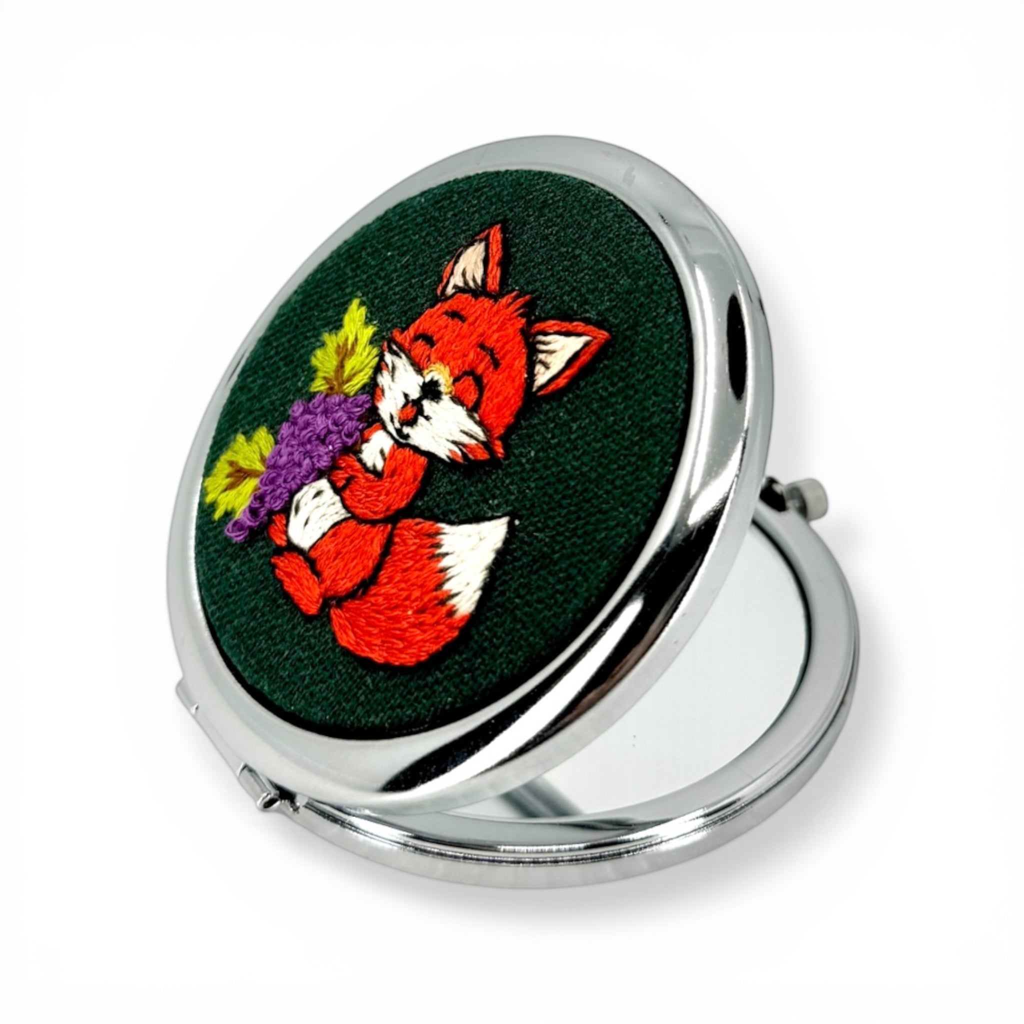 Little Fox Handmade Embroidered Compact Pocket Mirror