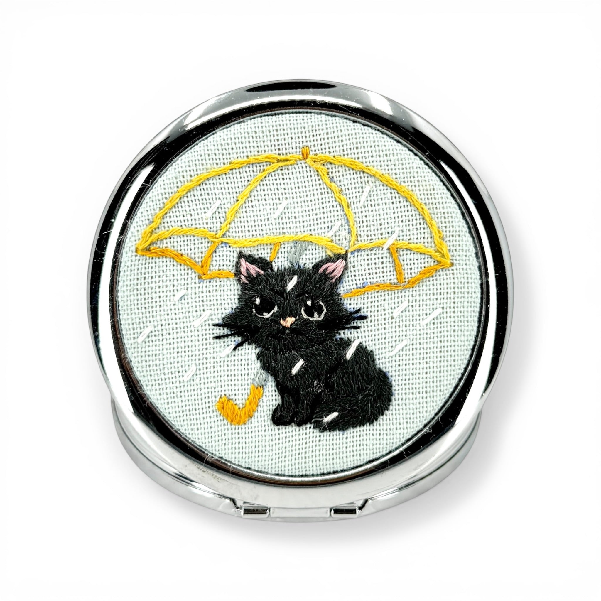 Cute Cat Handmade Embroidered Compact Pocket Mirror