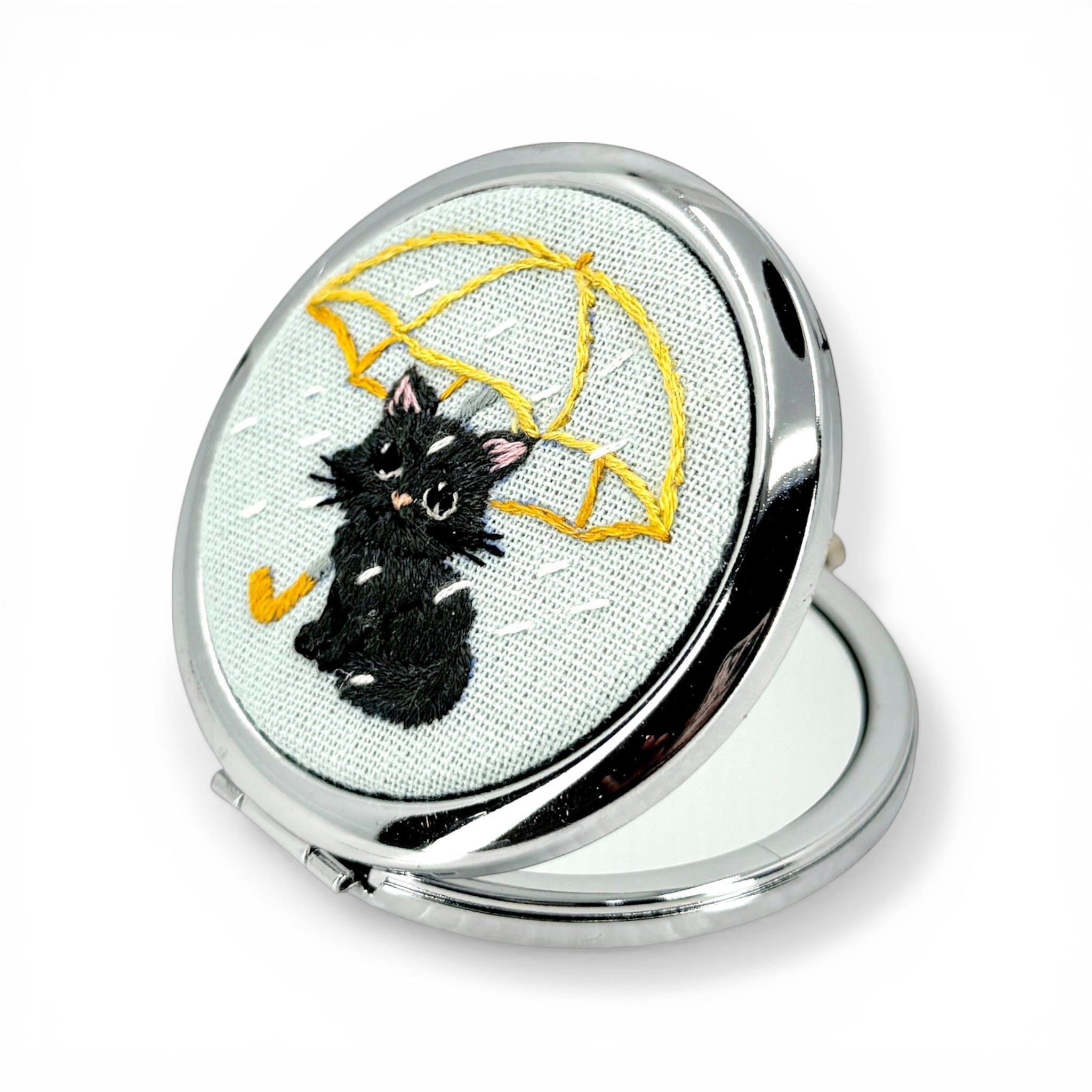 Cute Cat Handmade Embroidered Compact Pocket Mirror