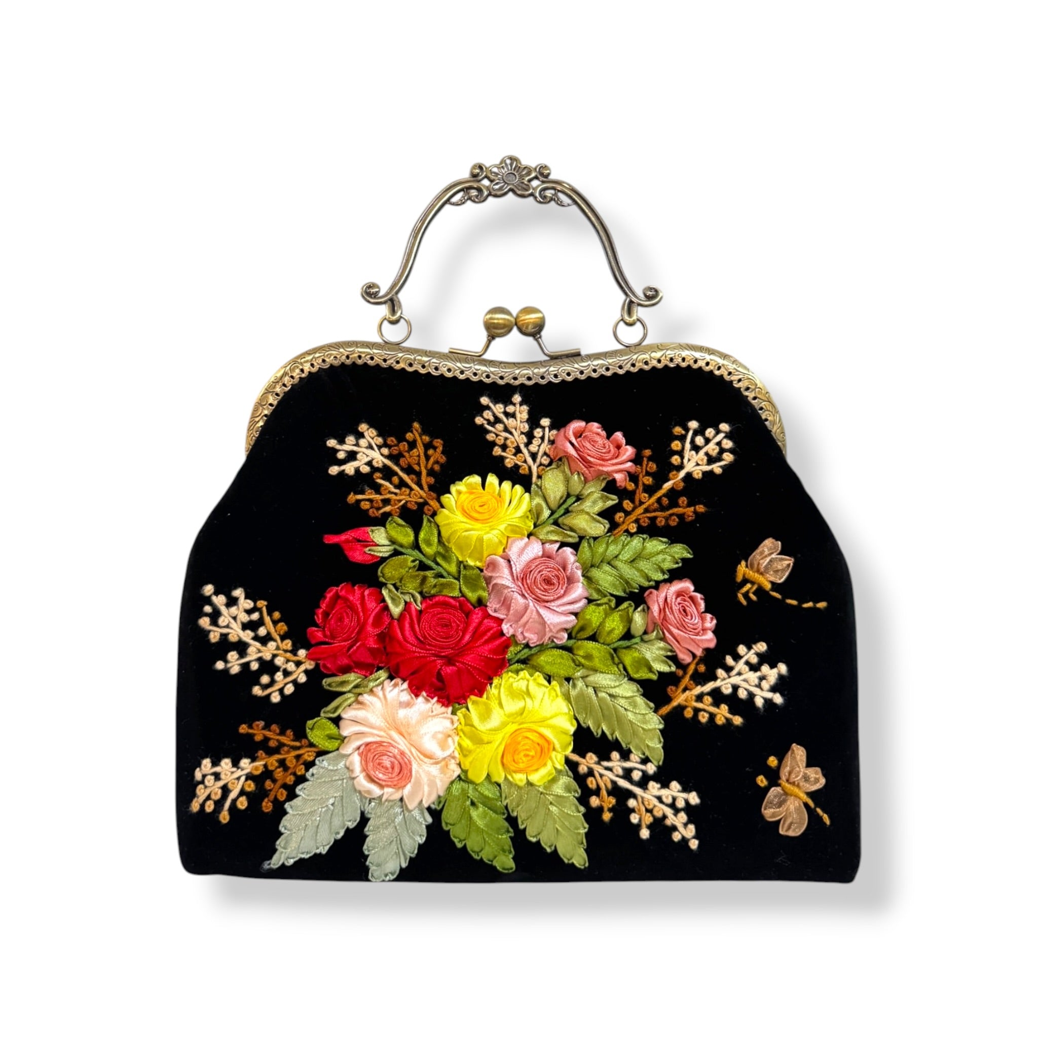 Vintage Roses Bouquet Velvet Ribbon Embroidery Clutch Velvet Bag