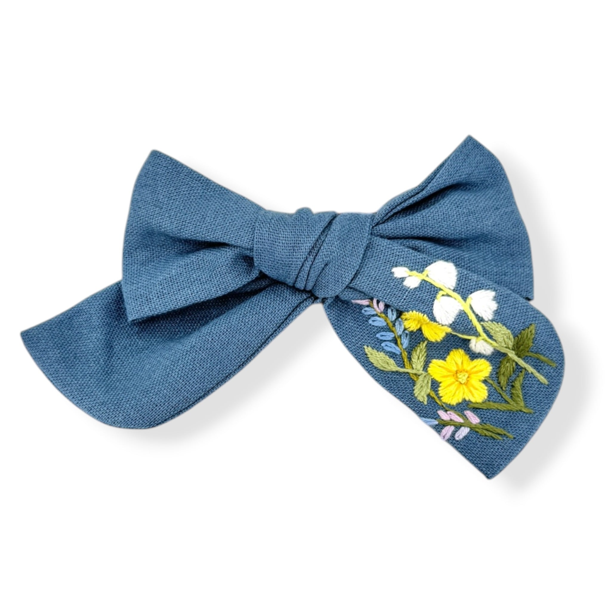Lily Daisy Flowers Hand-Embroidered Blue Bow