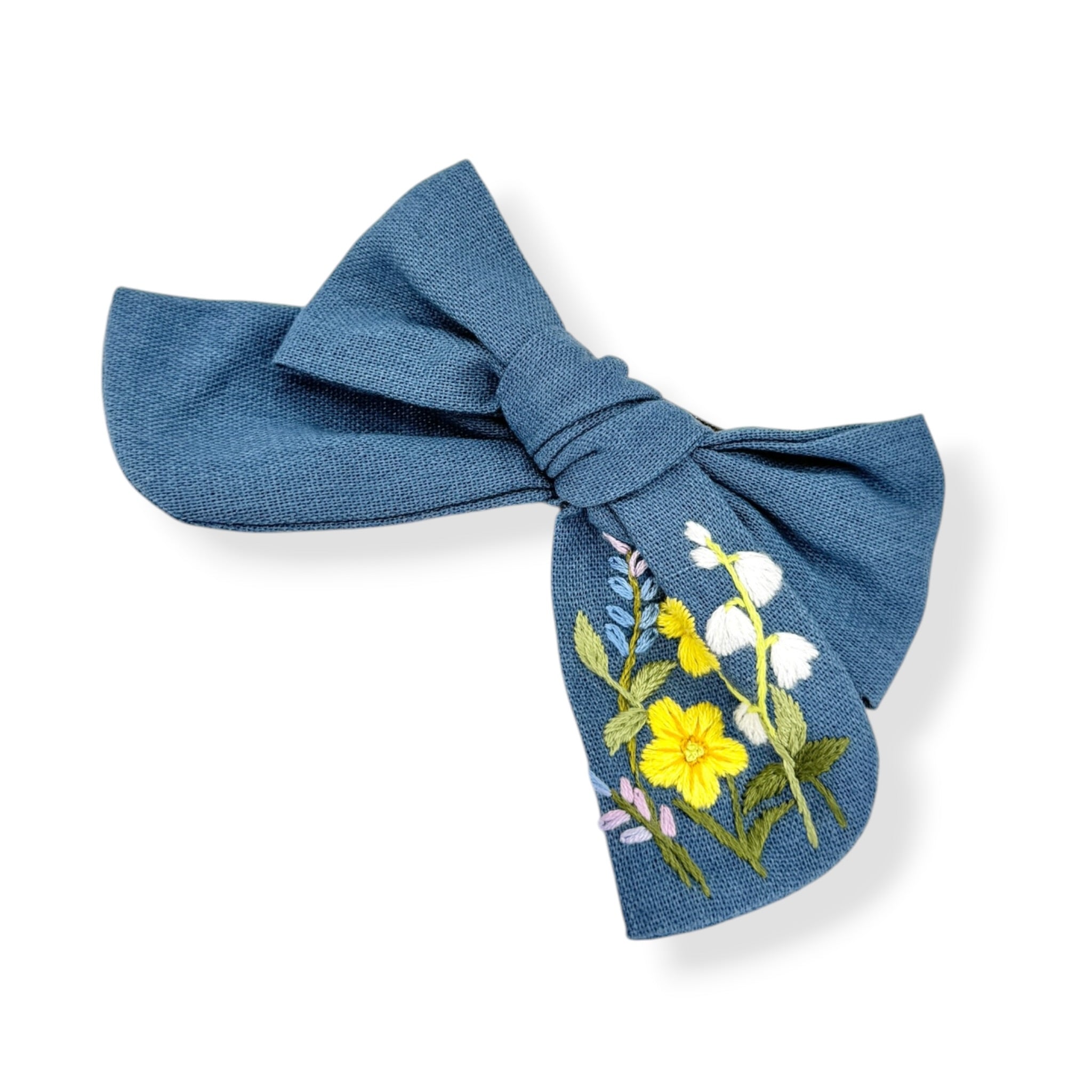 Lily Daisy Flowers Hand-Embroidered Blue Bow