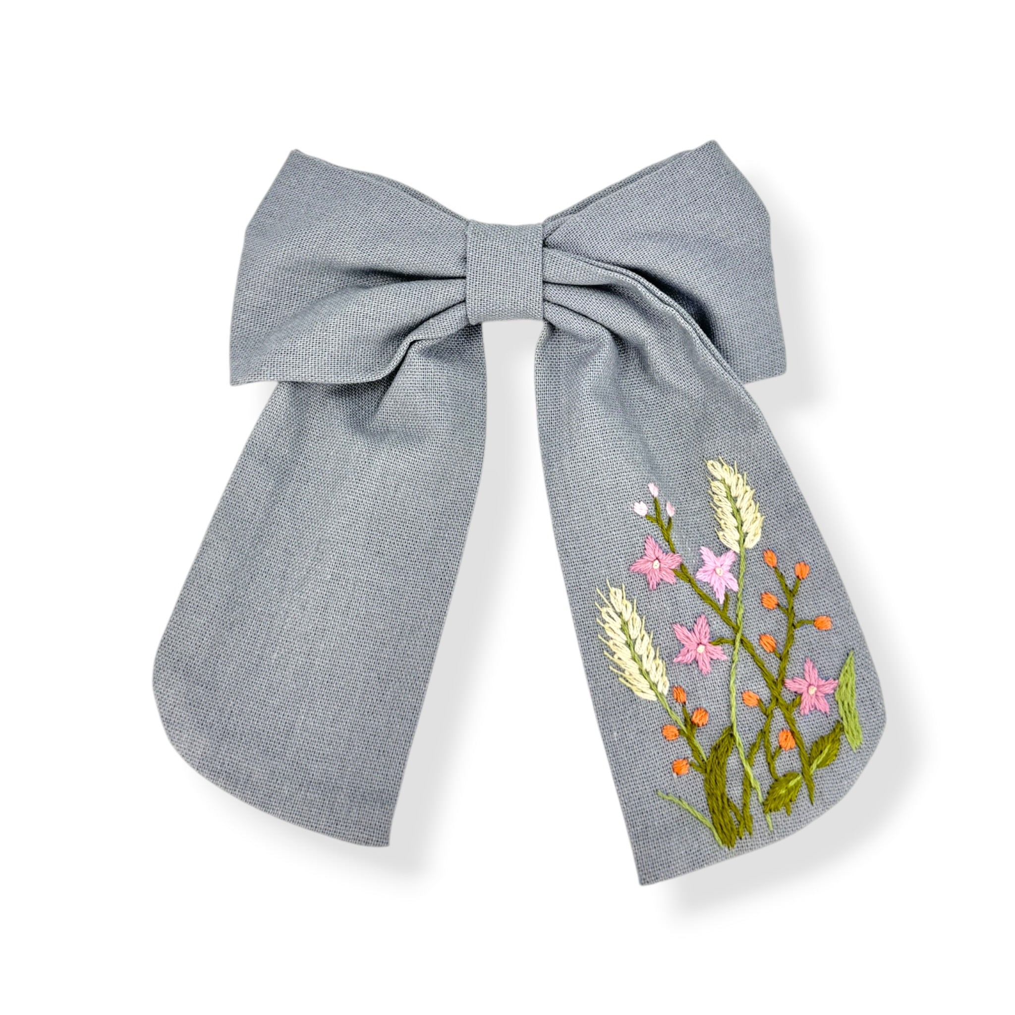 Grey Pink Flowers Embroidered Hair Barrette