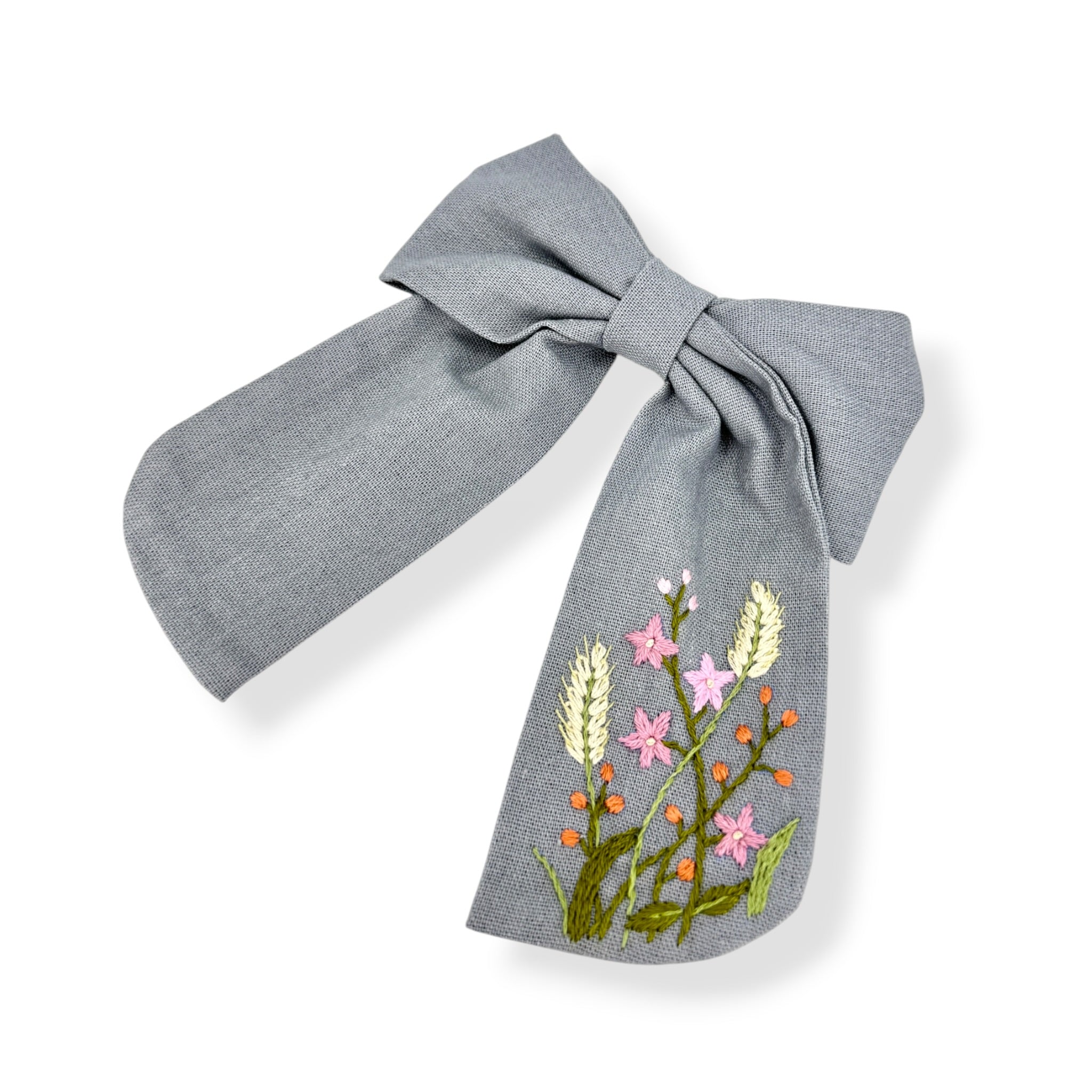 Grey Pink Flowers Embroidered Hair Barrette